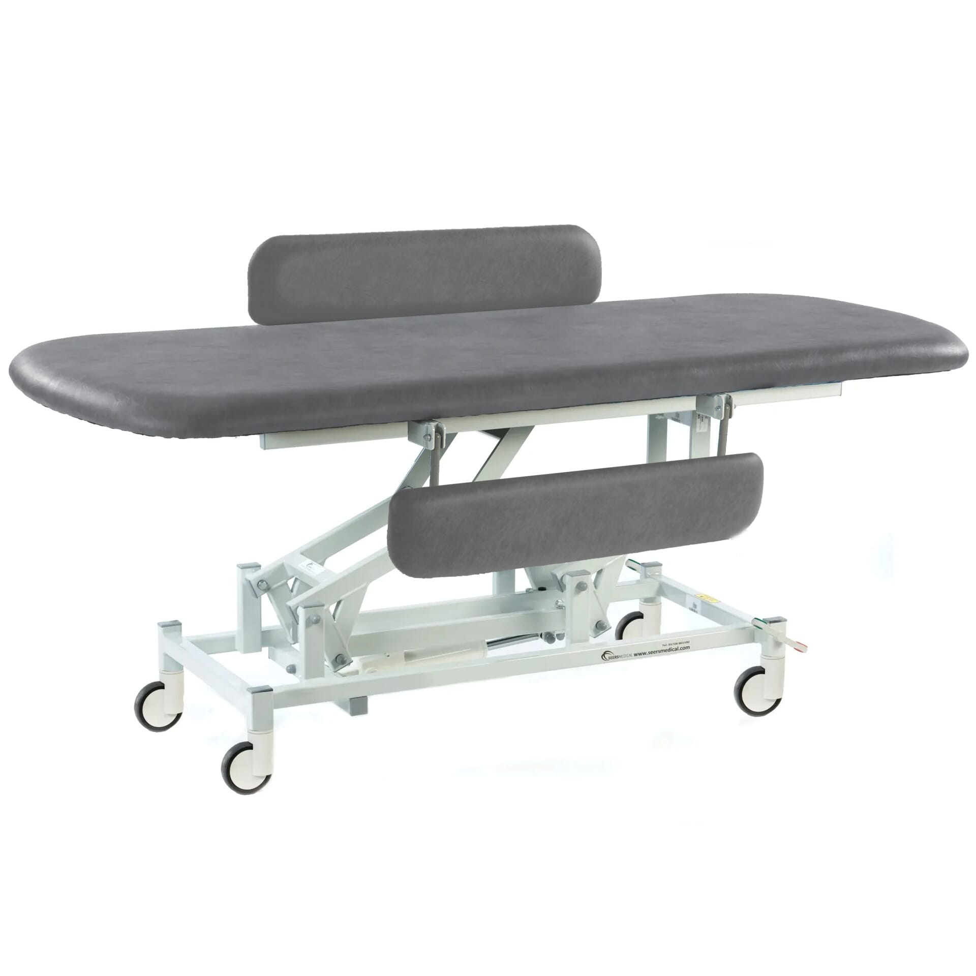 long electric therapy hygiene table with central locking wheels and padded side rails dark grey