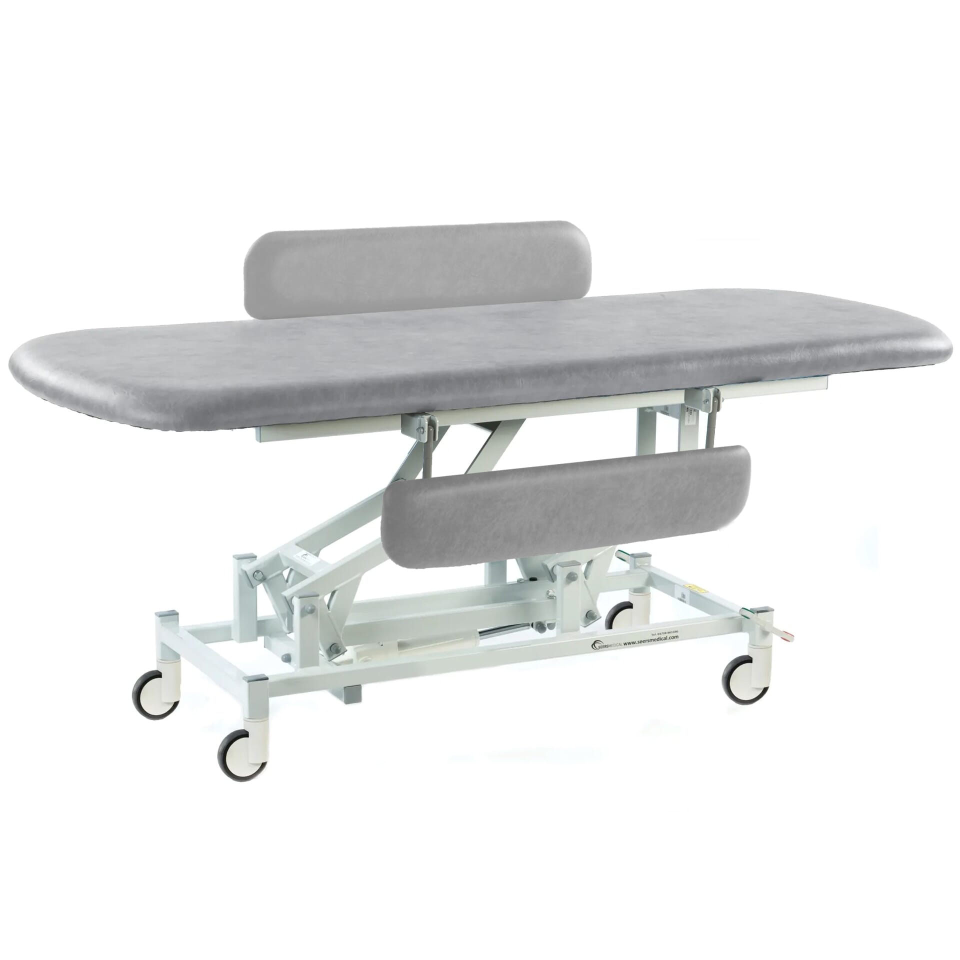 long electric therapy hygiene table with central locking wheels and padded side rails light grey