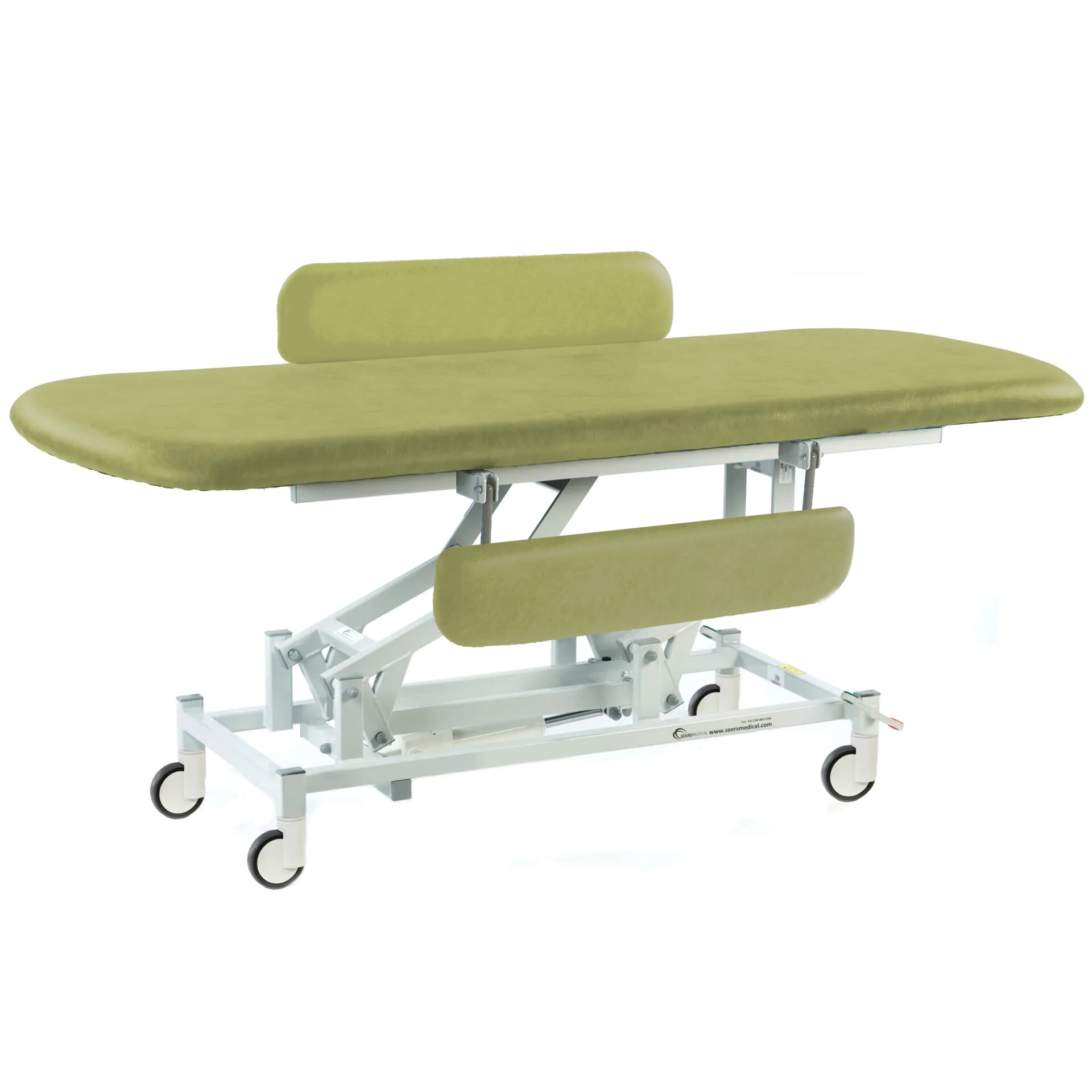long electric therapy hygiene table with central locking wheels and padded side rails olive