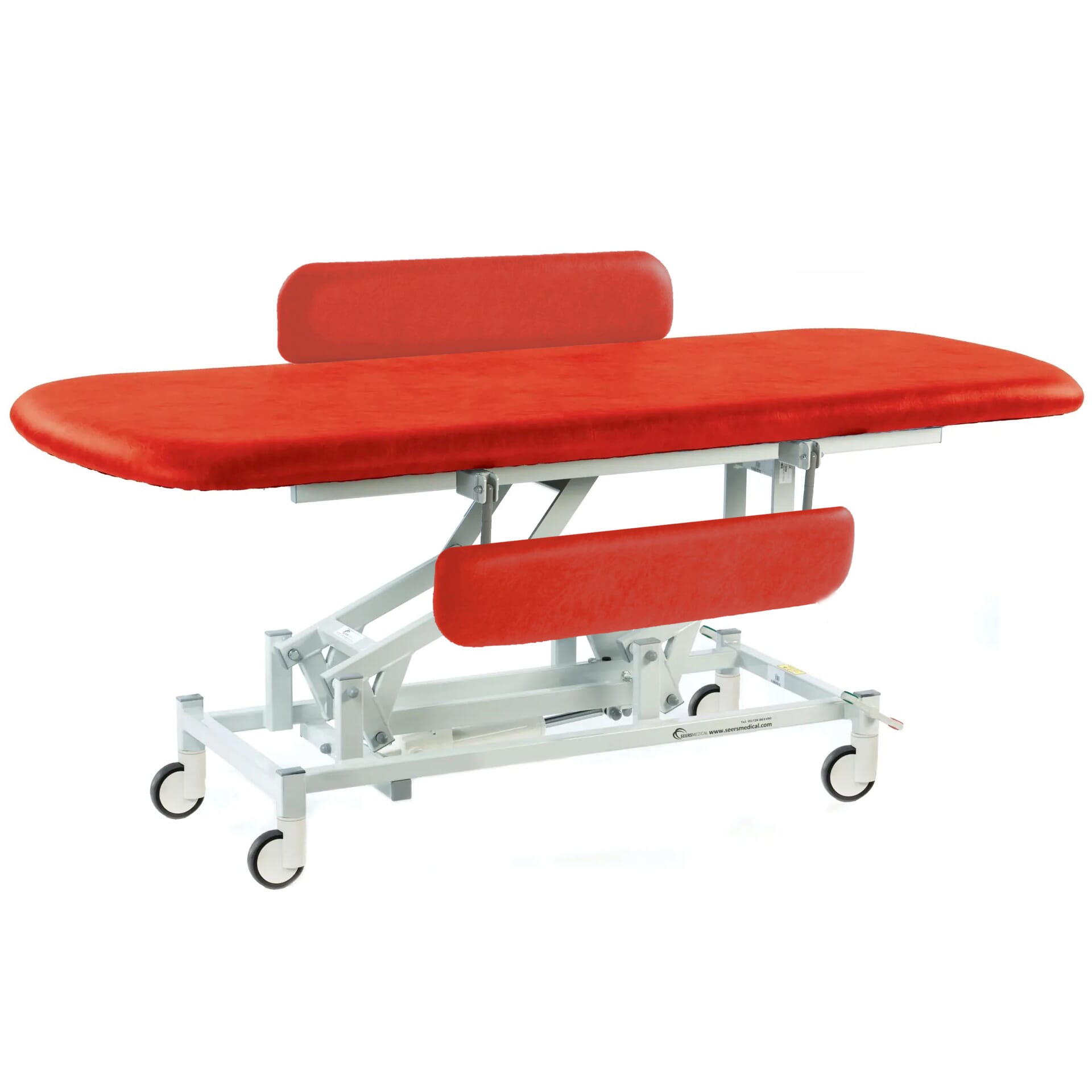 long electric therapy hygiene table with central locking wheels and padded side rails red