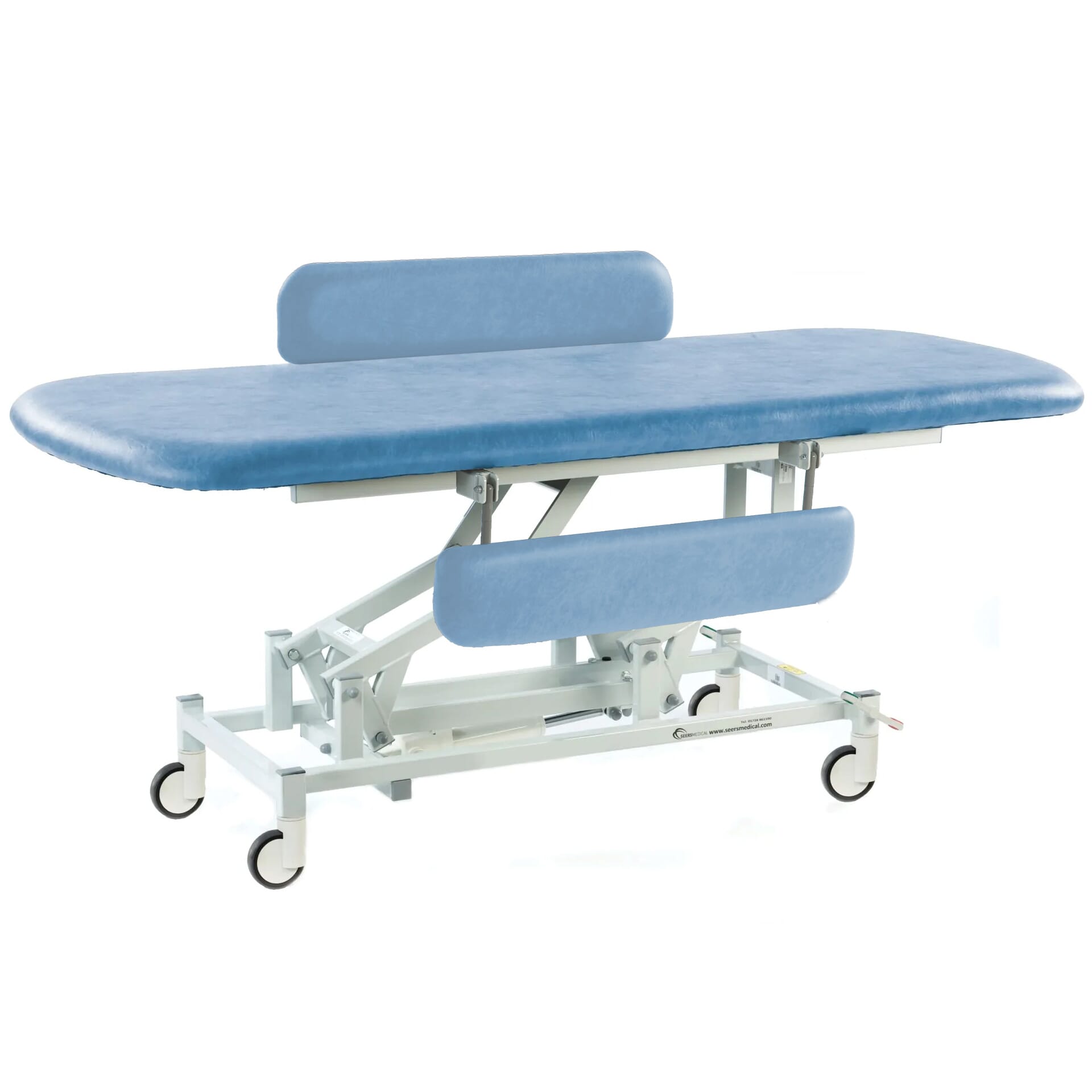long electric therapy hygiene table with central locking wheels and padded side rails sky blue