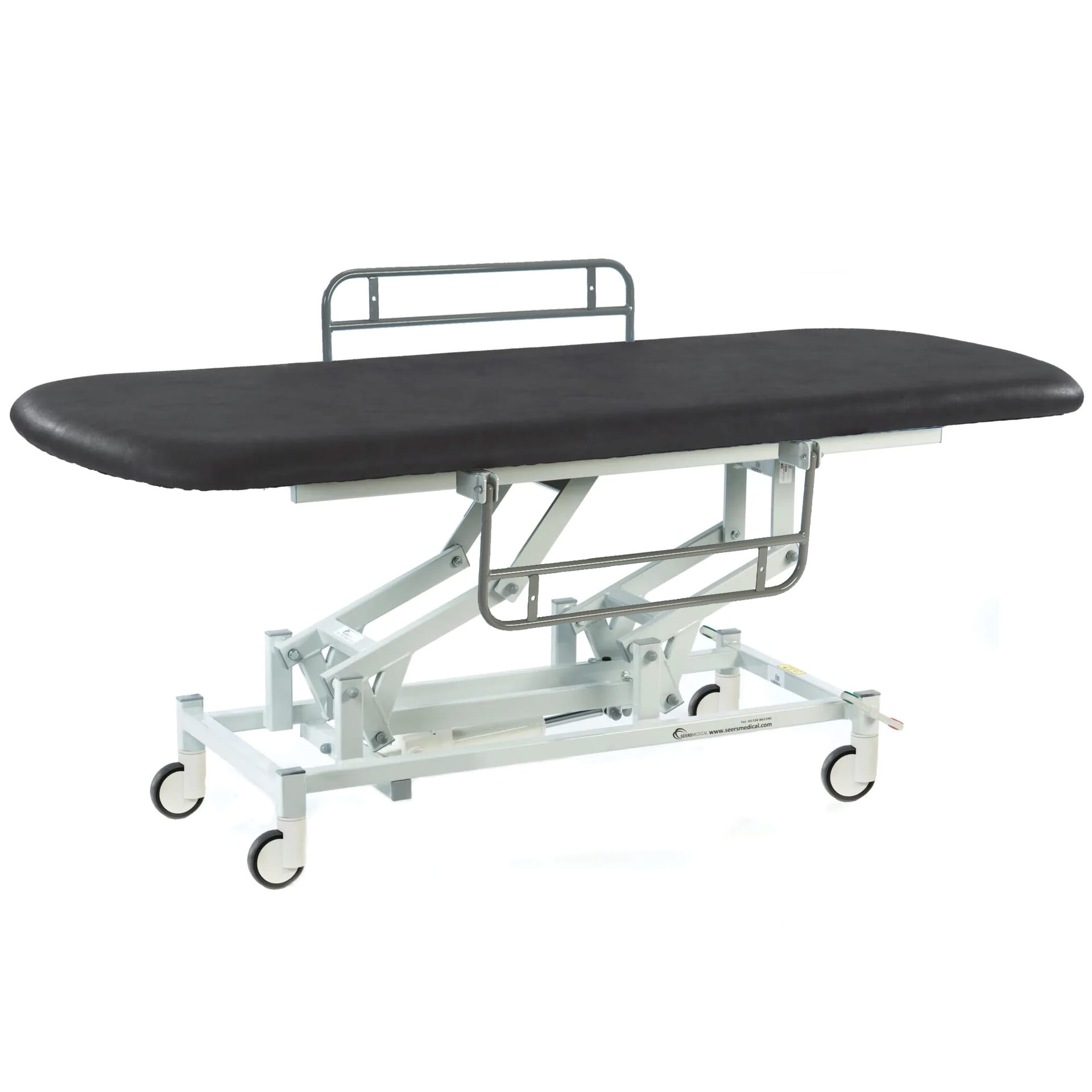 long electric therapy hygiene table with central locking wheels and side rails black