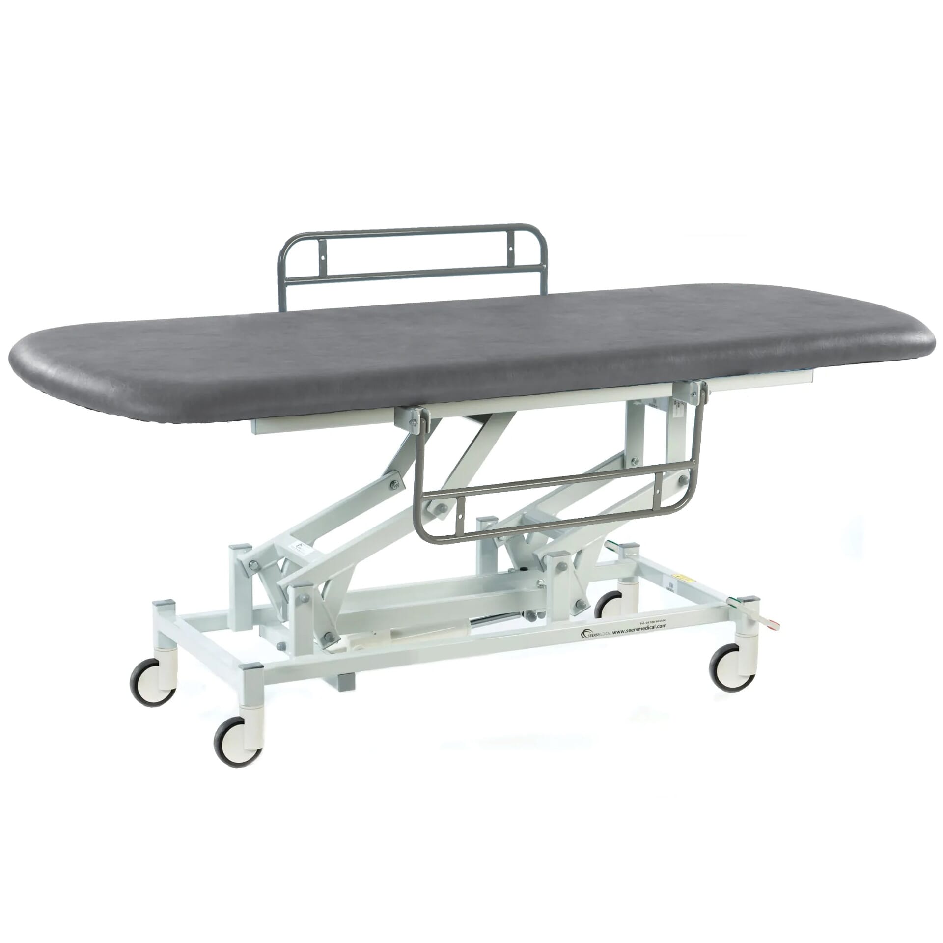 long electric therapy hygiene table with central locking wheels and side rails dark grey