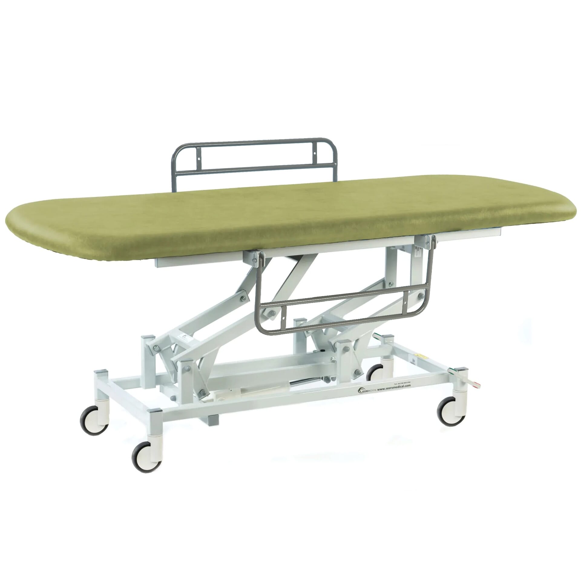 long electric therapy hygiene table with central locking wheels and side rails olive