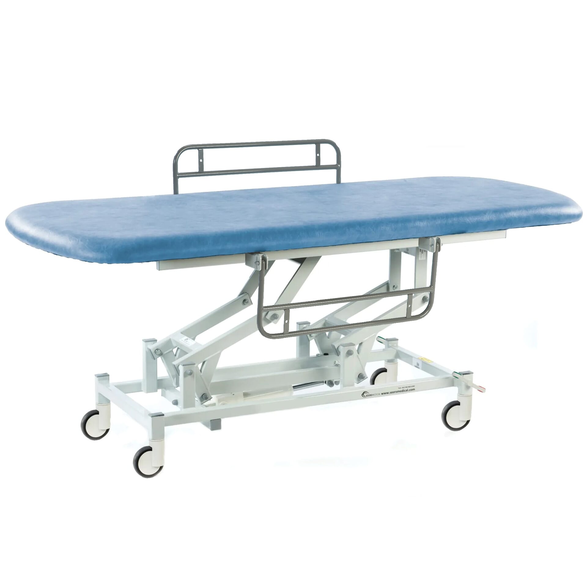 long electric therapy hygiene table with central locking wheels and side rails sky blue