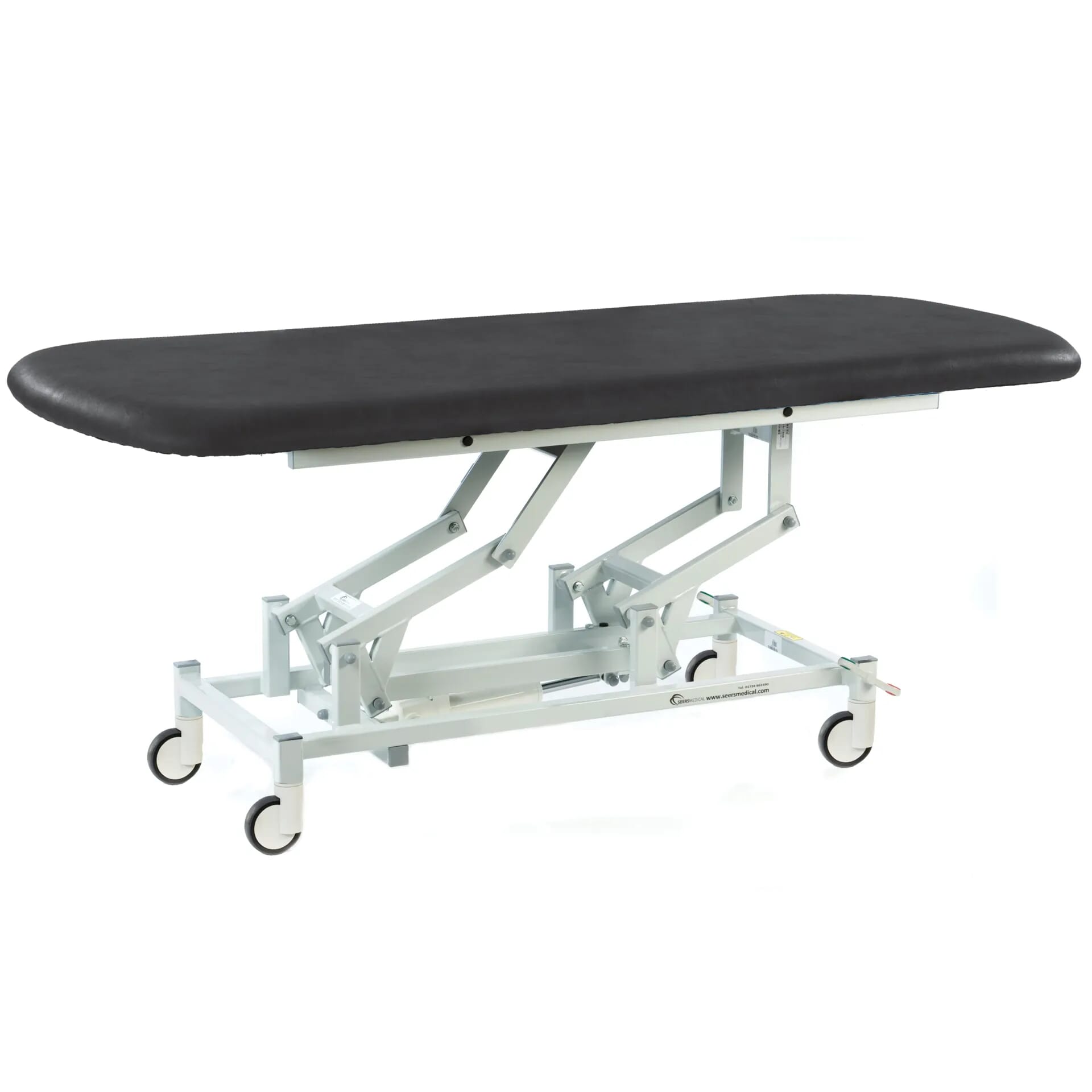 long electric therapy hygiene table with central locking wheels black