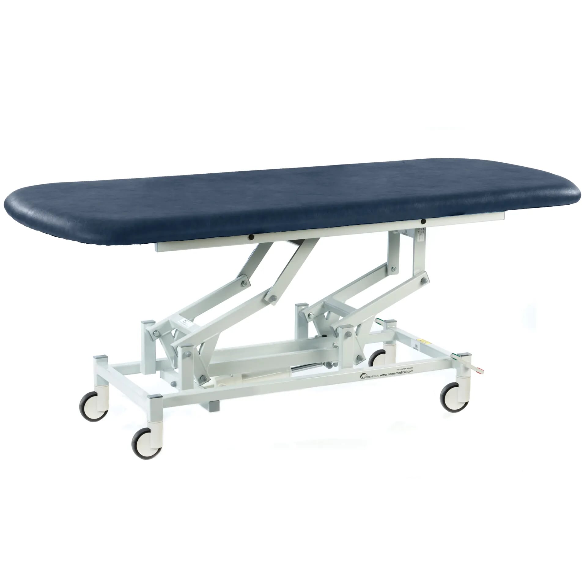 long electric therapy hygiene table with central locking wheels dark blue