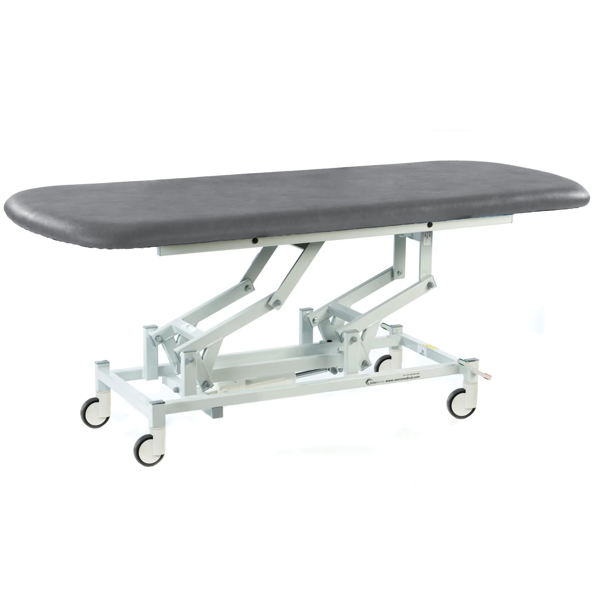 long electric therapy hygiene table with central locking wheels dark grey