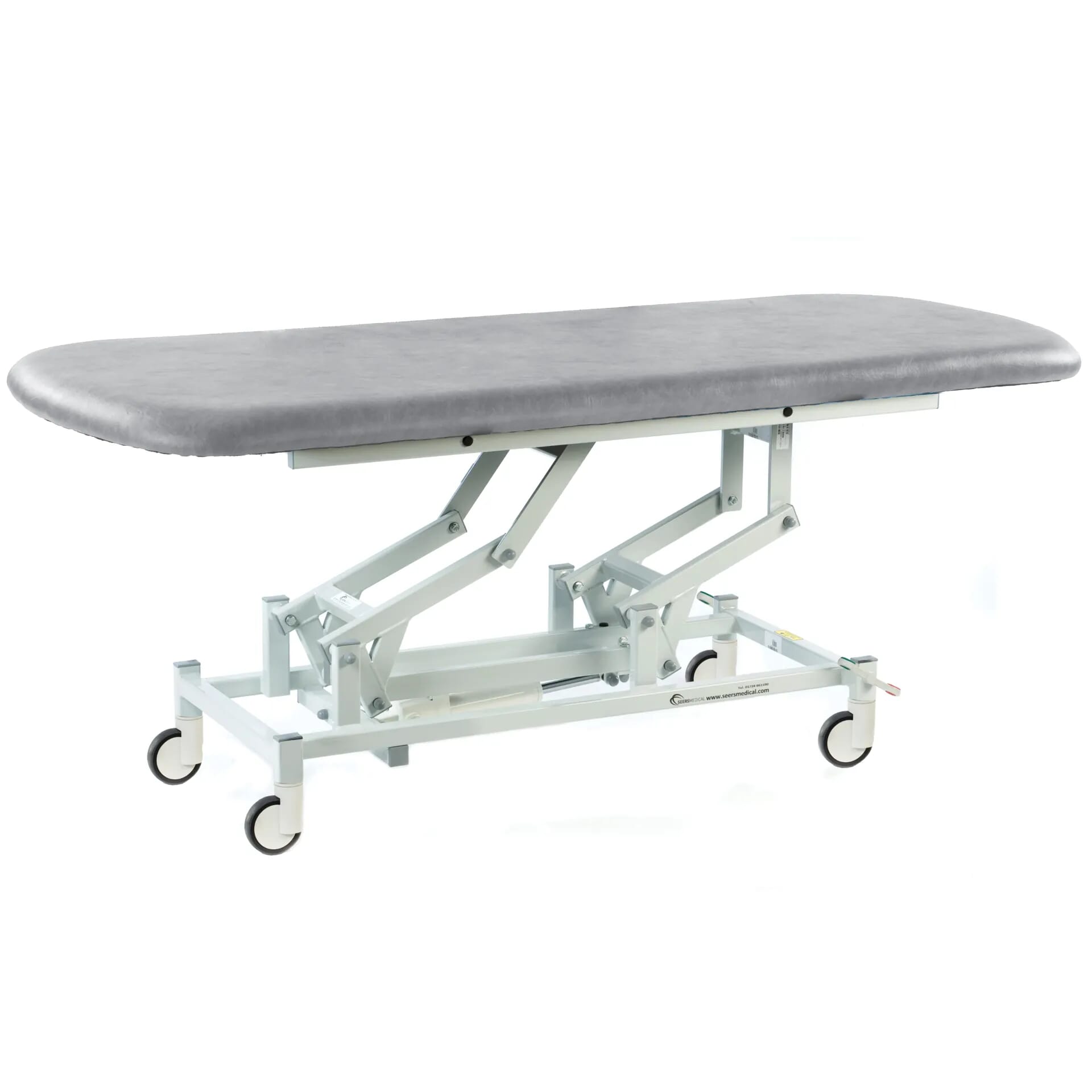 long electric therapy hygiene table with central locking wheels light grey