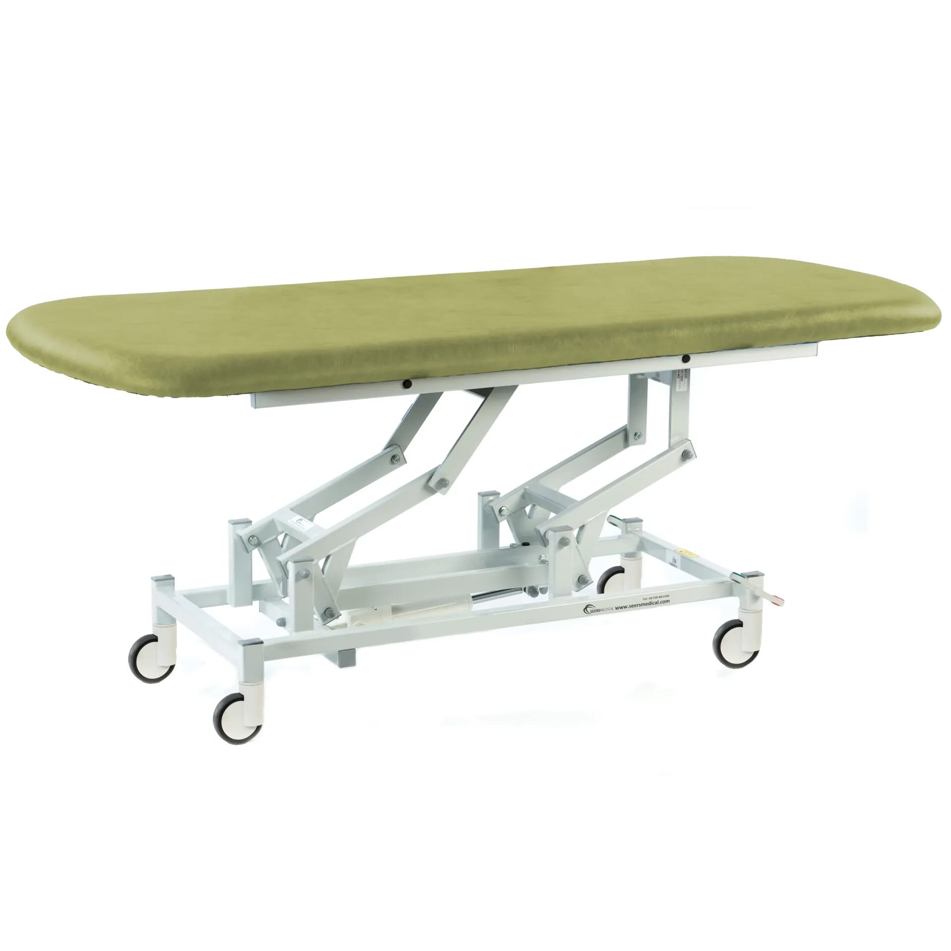 long electric therapy hygiene table with central locking wheels olive