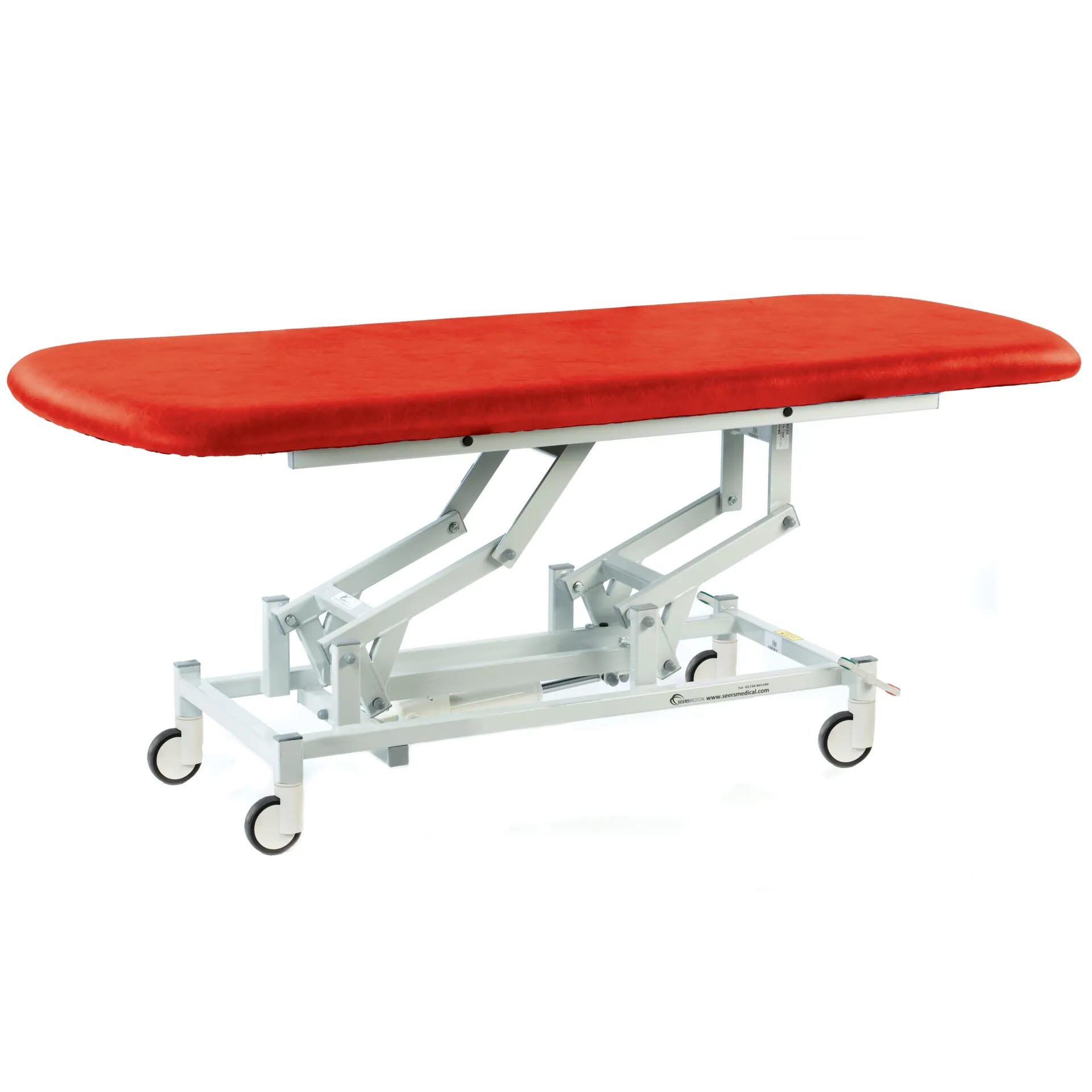 long electric therapy hygiene table with central locking wheels red