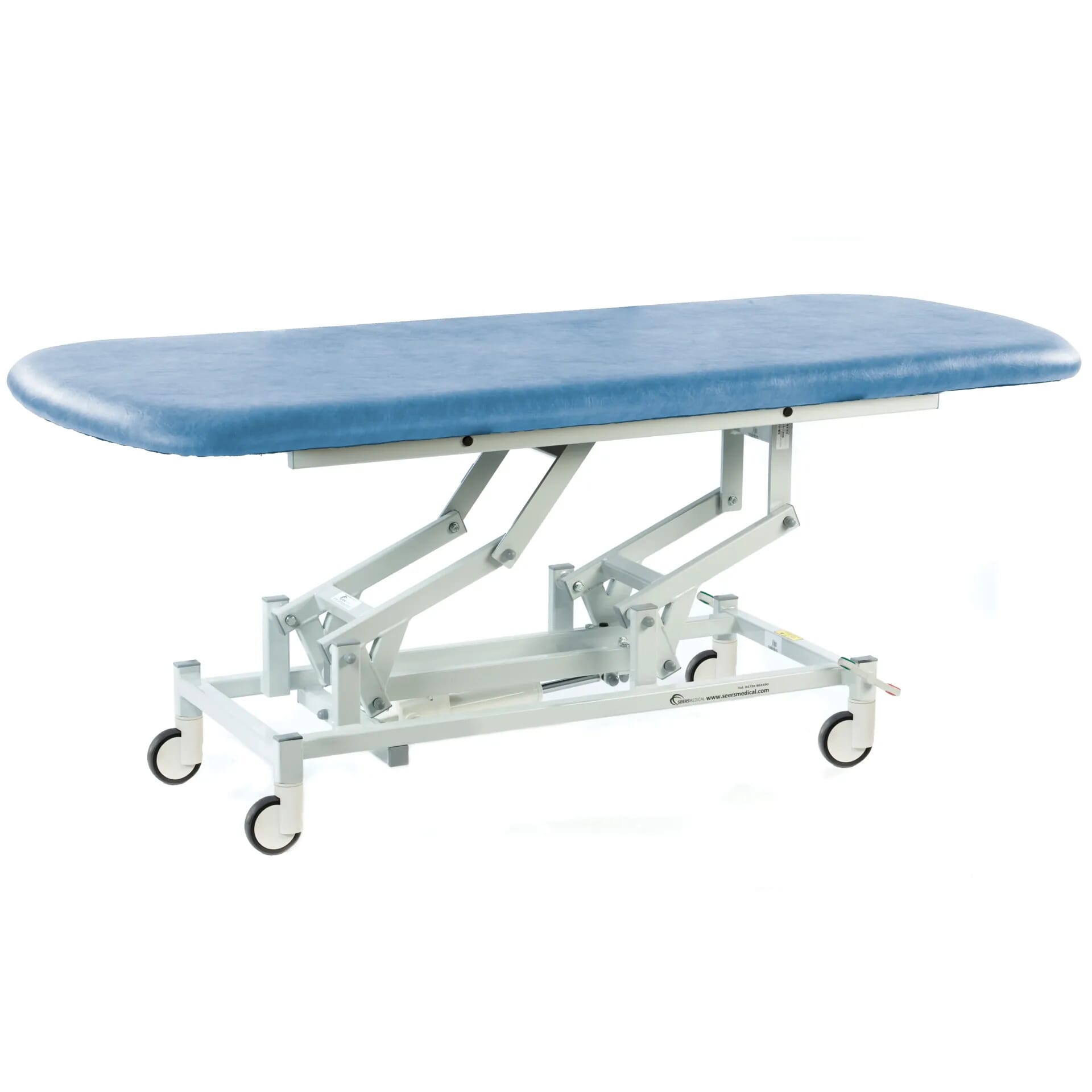 long electric therapy hygiene table with central locking wheels sky blue