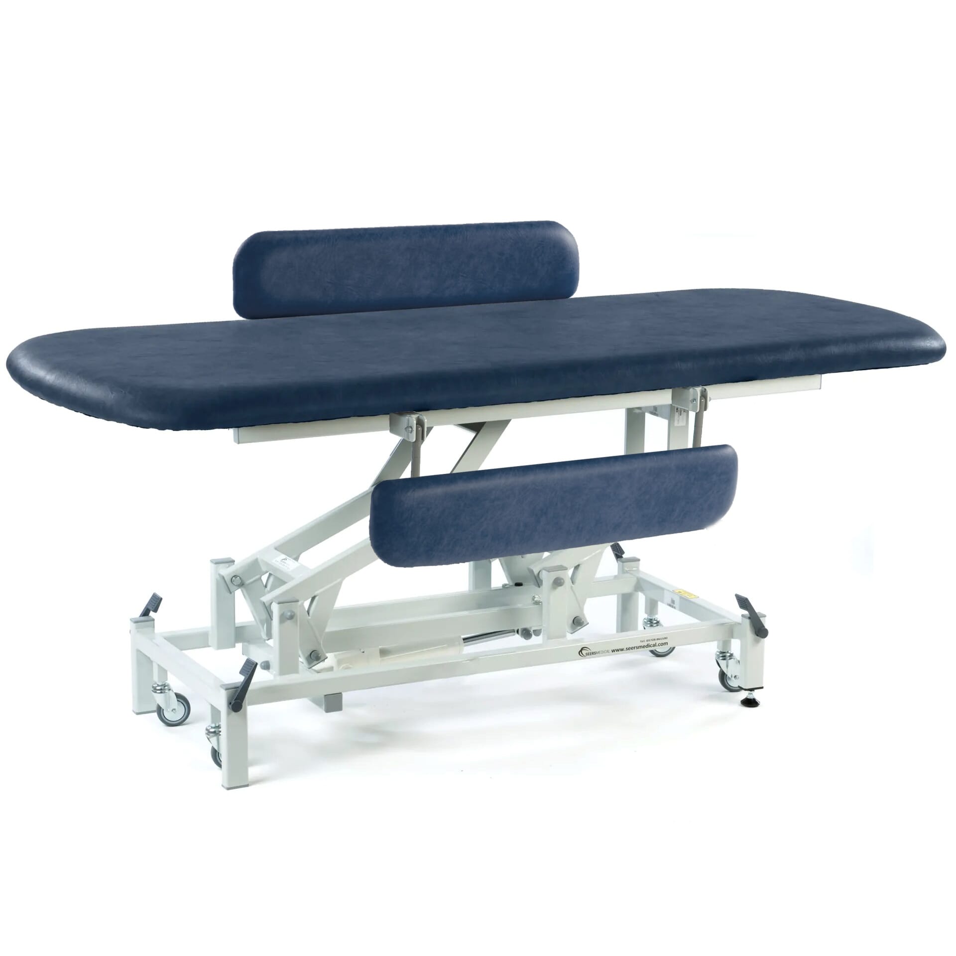 long electric therapy hygiene table with retractable wheels and padded side rails dark blue