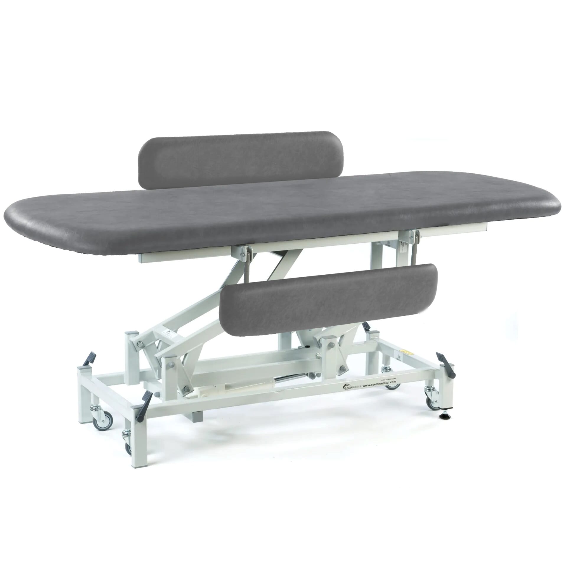 long electric therapy hygiene table with retractable wheels and padded side rails dark grey