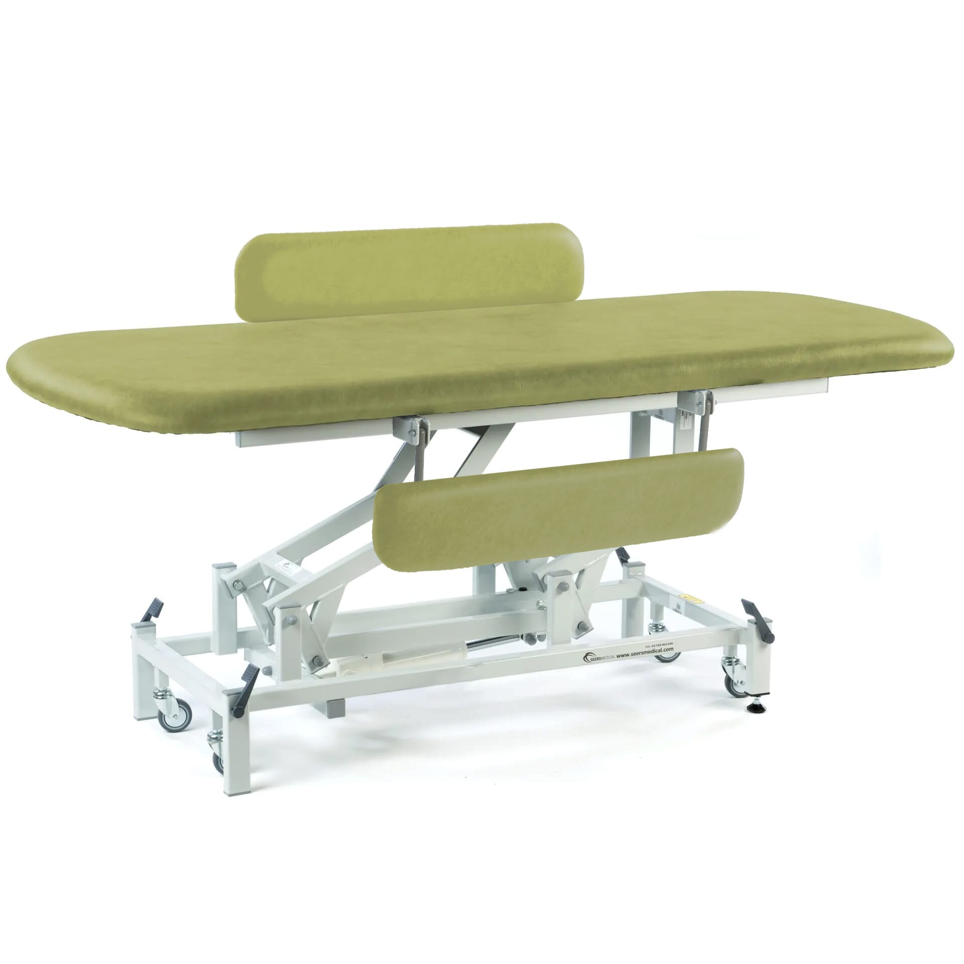 View Long Electric Therapy Hygiene Table with Retractable Wheels and Padded Side Rails Olive information