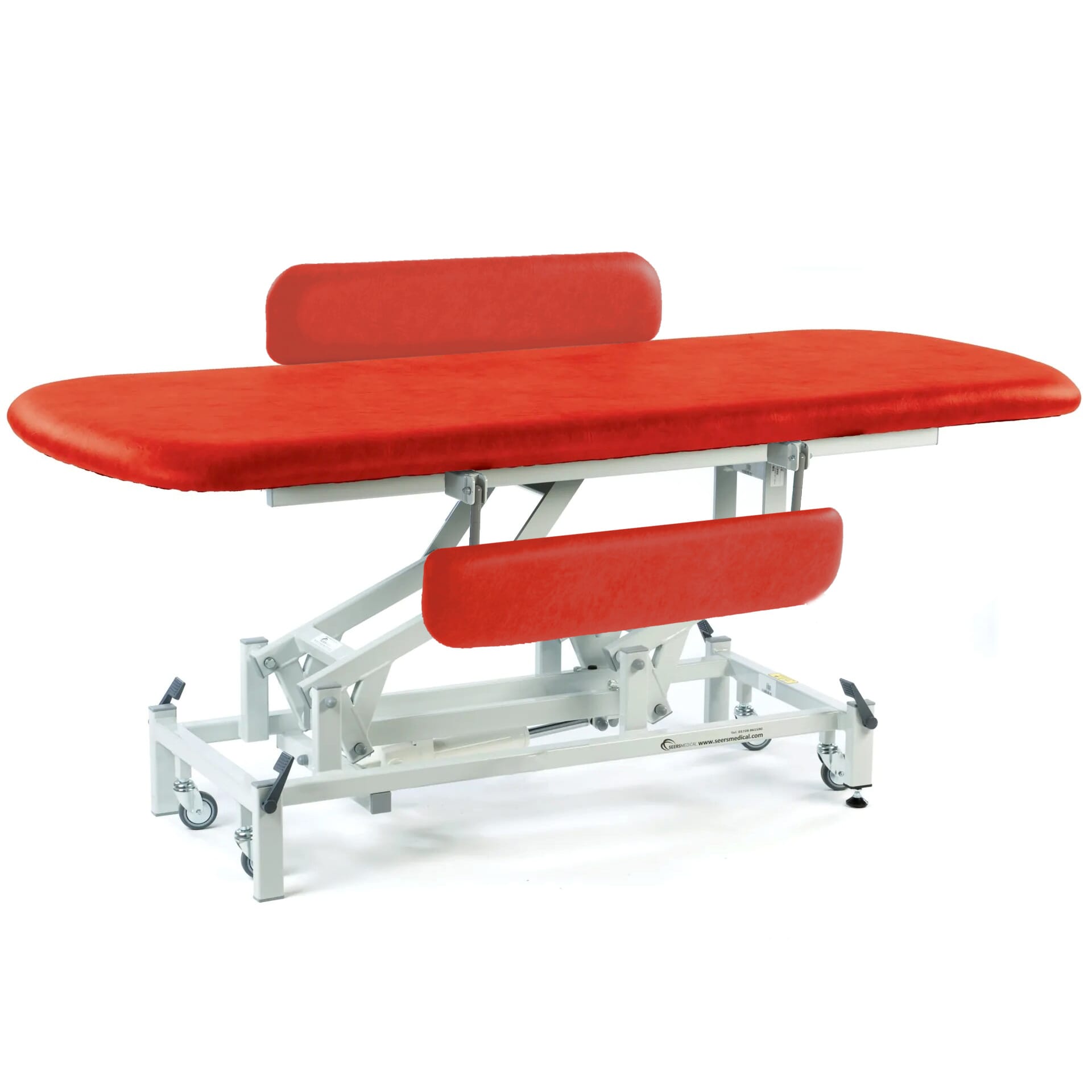 long electric therapy hygiene table with retractable wheels and padded side rails red