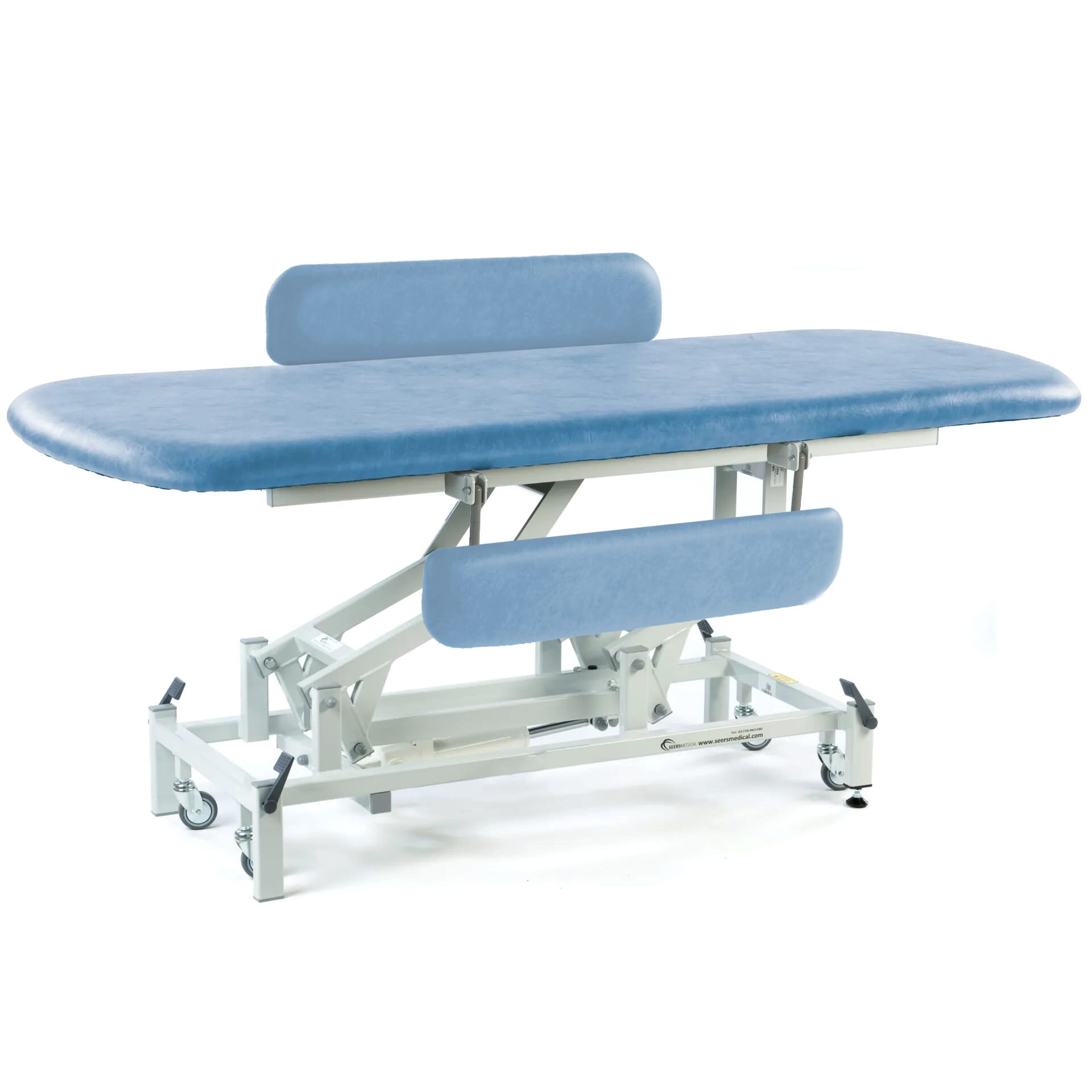 long electric therapy hygiene table with retractable wheels and padded side rails sky blue