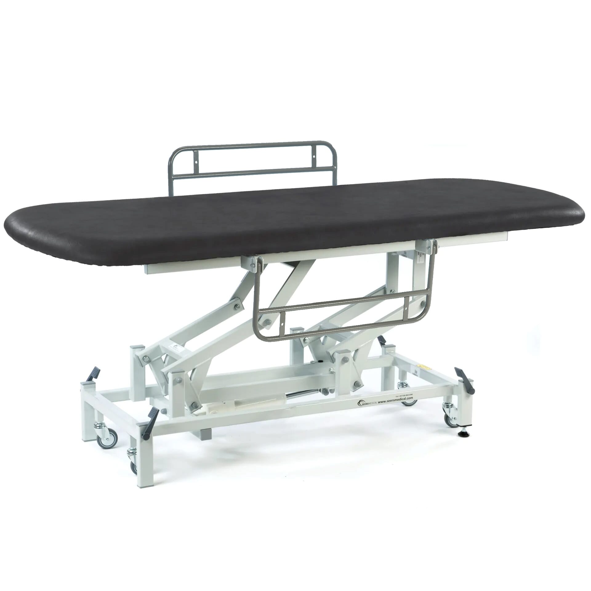 long electric therapy hygiene table with retractable wheels and side rails black