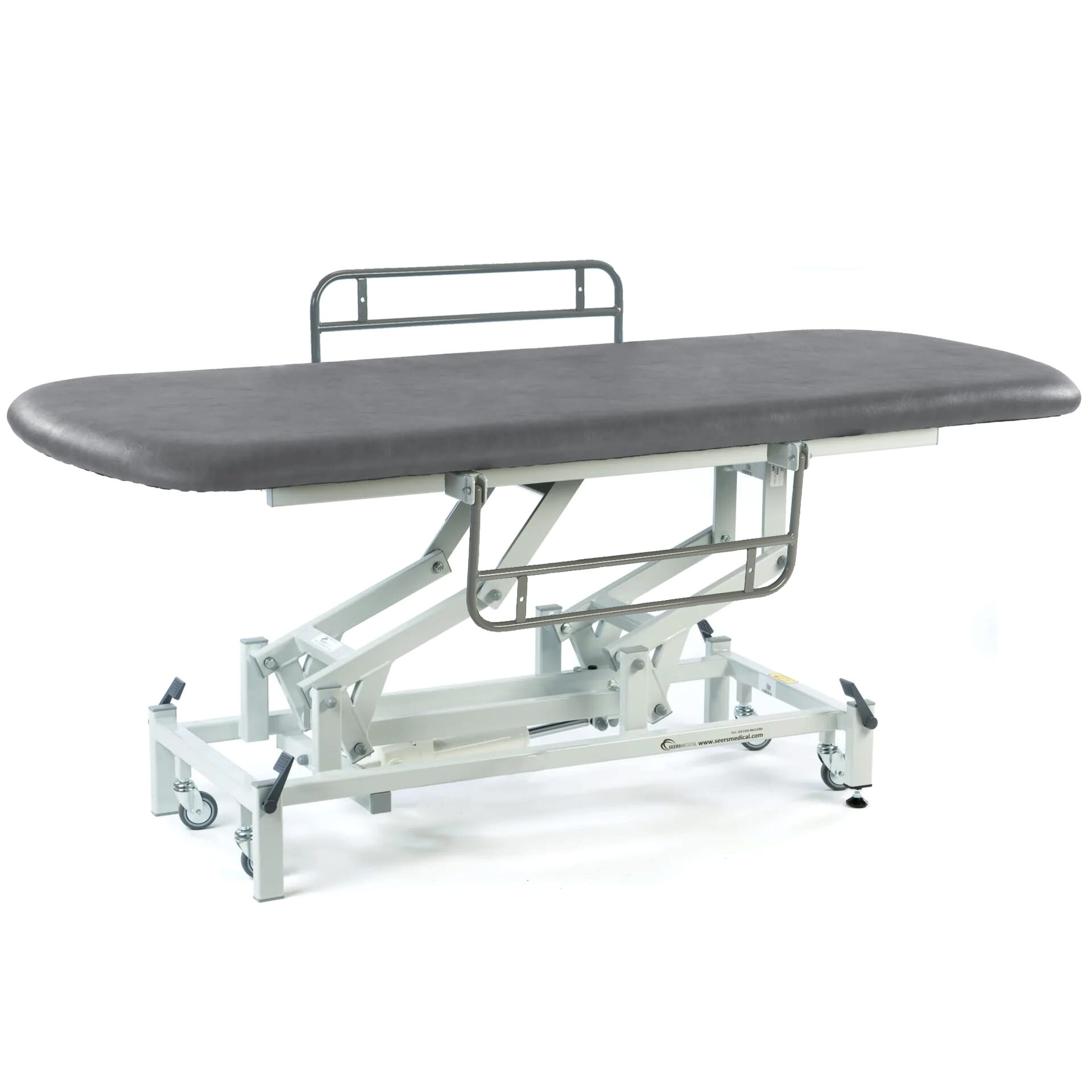 long electric therapy hygiene table with retractable wheels and side rails dark grey