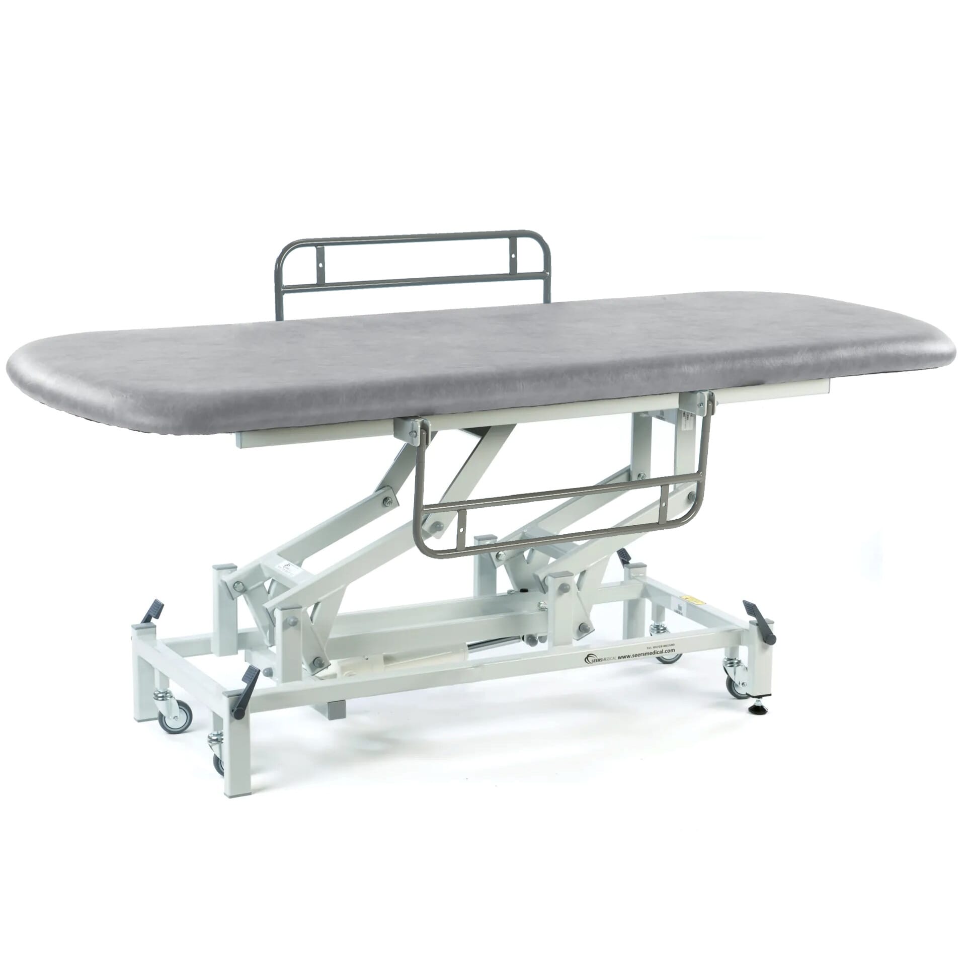 long electric therapy hygiene table with retractable wheels and side rails light grey