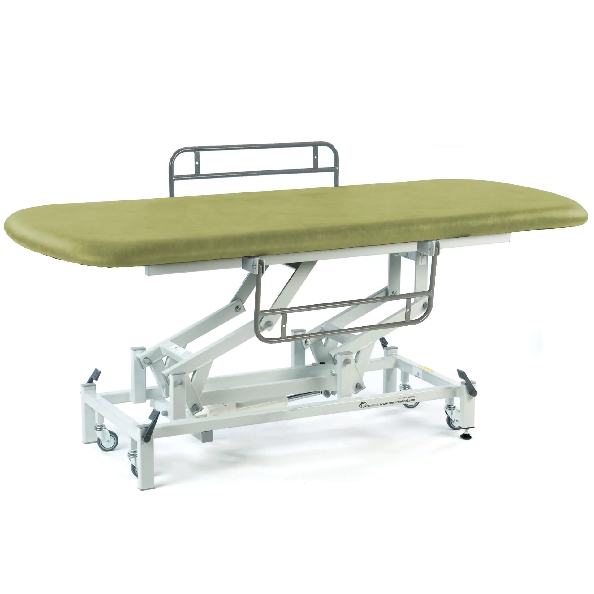 View Long Electric Therapy Hygiene Table with Retractable Wheels and Side Rails Olive information
