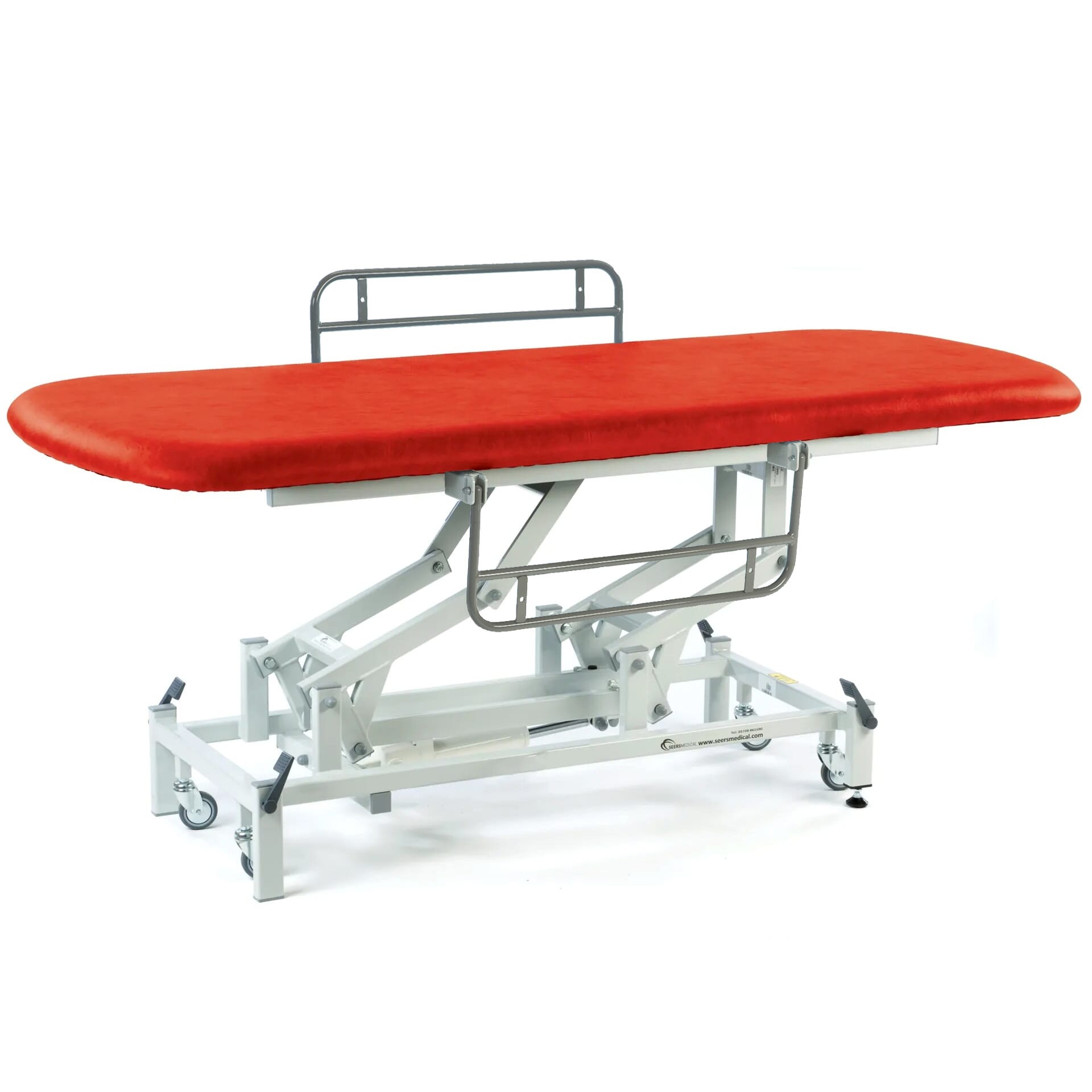 long electric therapy hygiene table with retractable wheels and side rails red