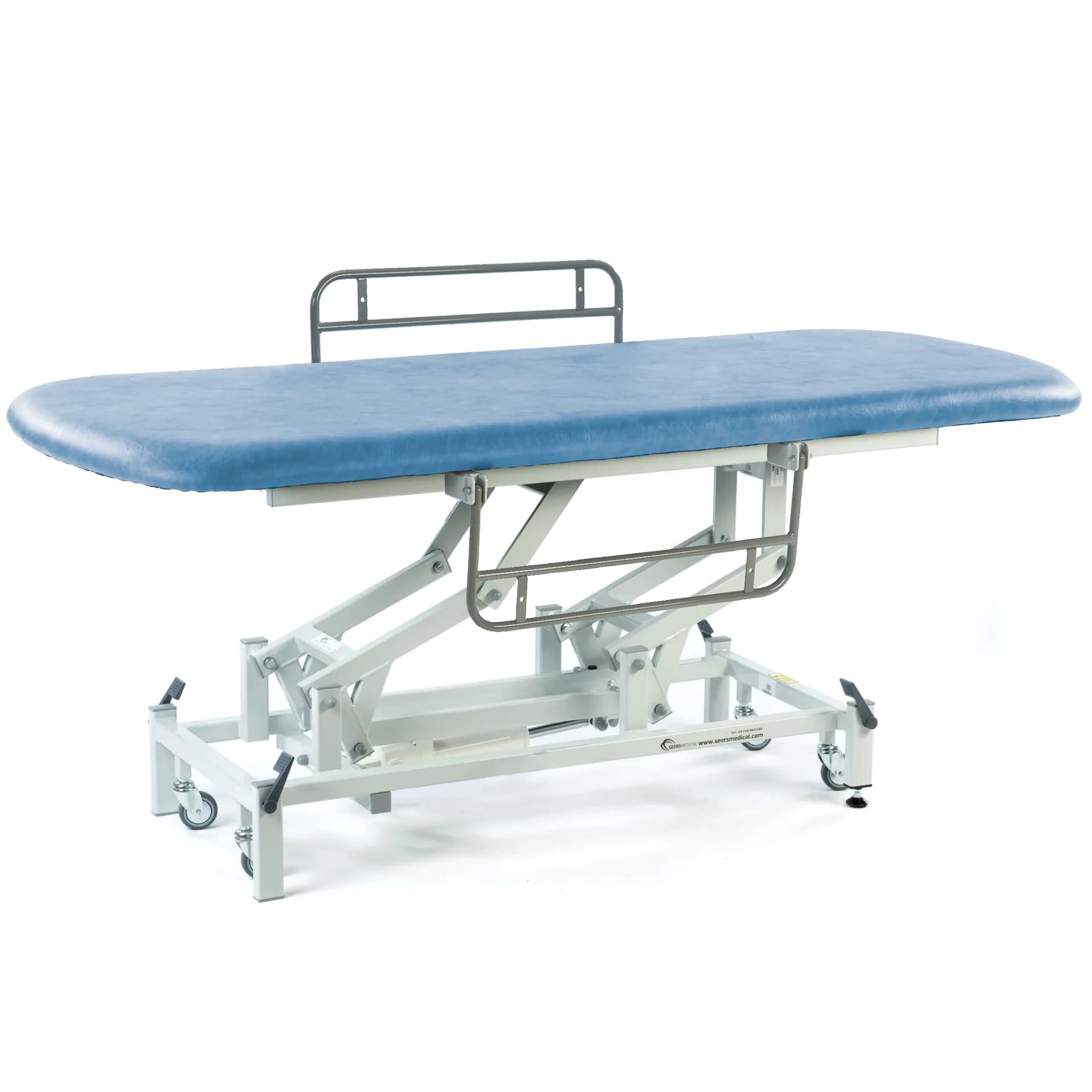 long electric therapy hygiene table with retractable wheels and side rails sky blue