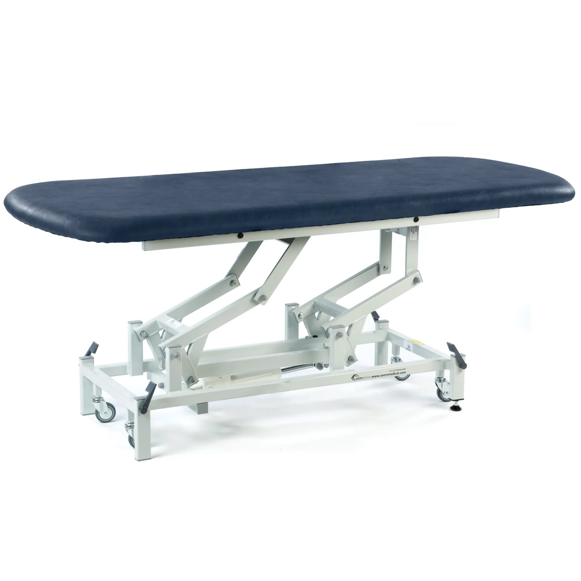 long electric therapy hygiene table with retractable wheels dark blue