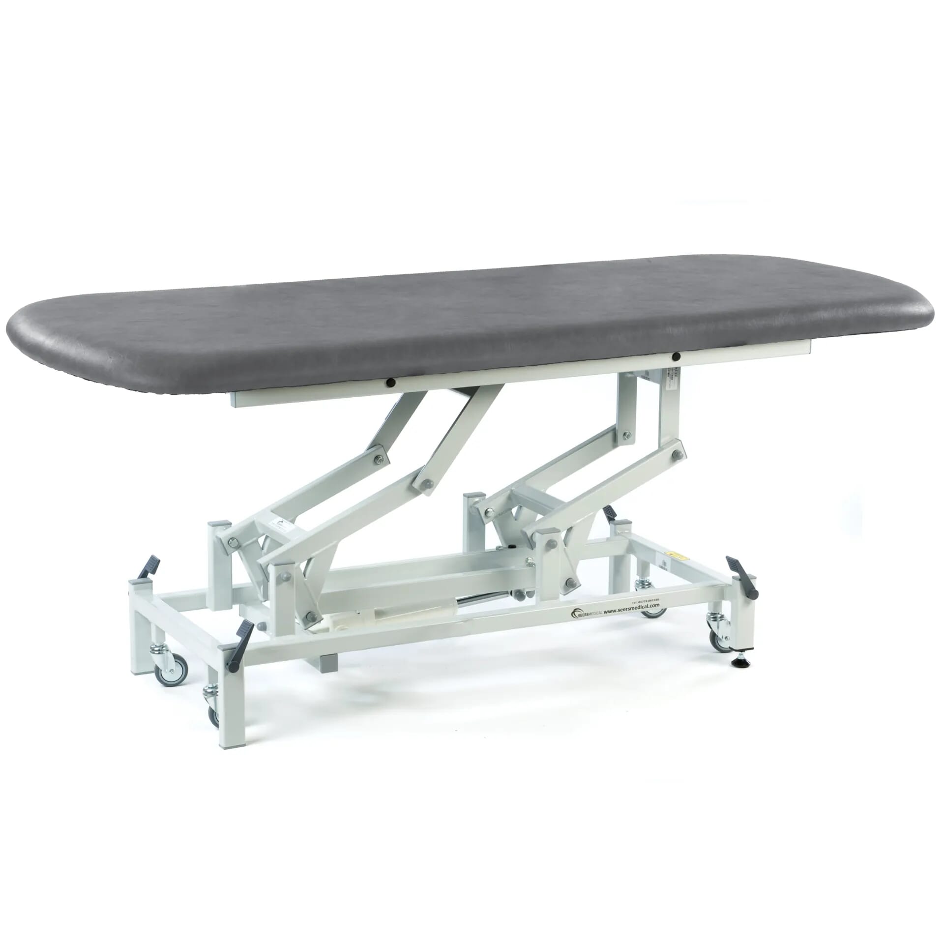 long electric therapy hygiene table with retractable wheels dark grey
