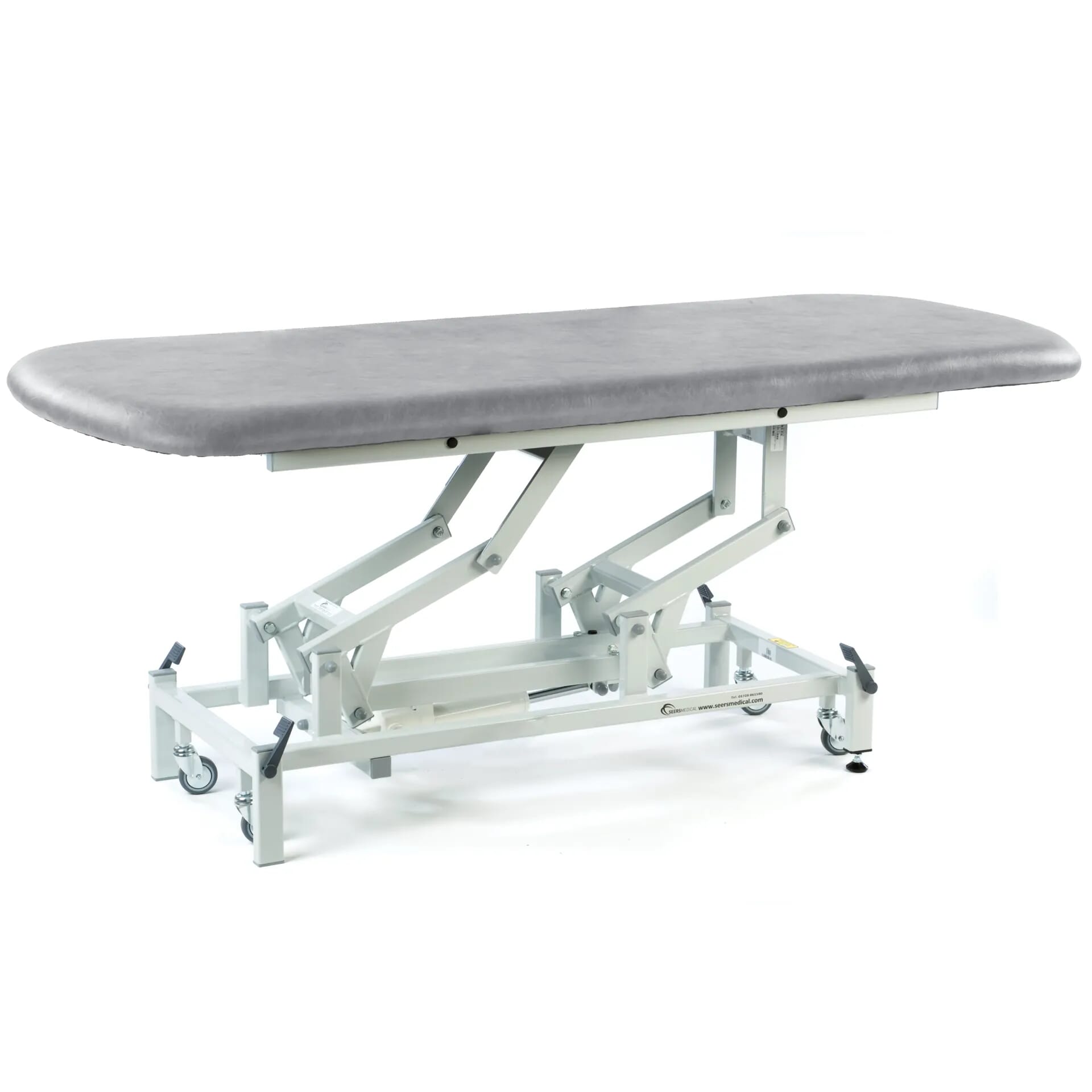 long electric therapy hygiene table with retractable wheels light grey