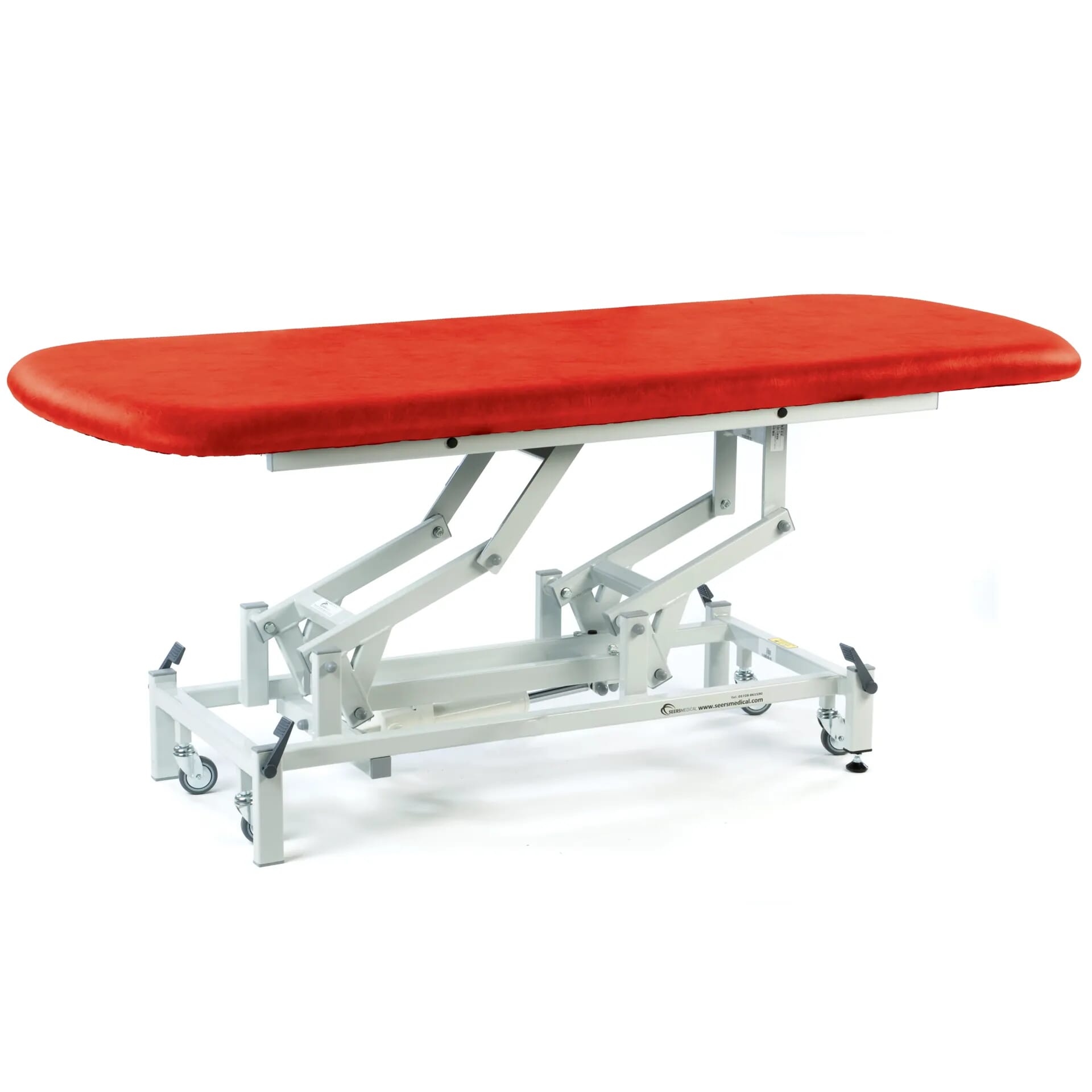 long electric therapy hygiene table with retractable wheels red