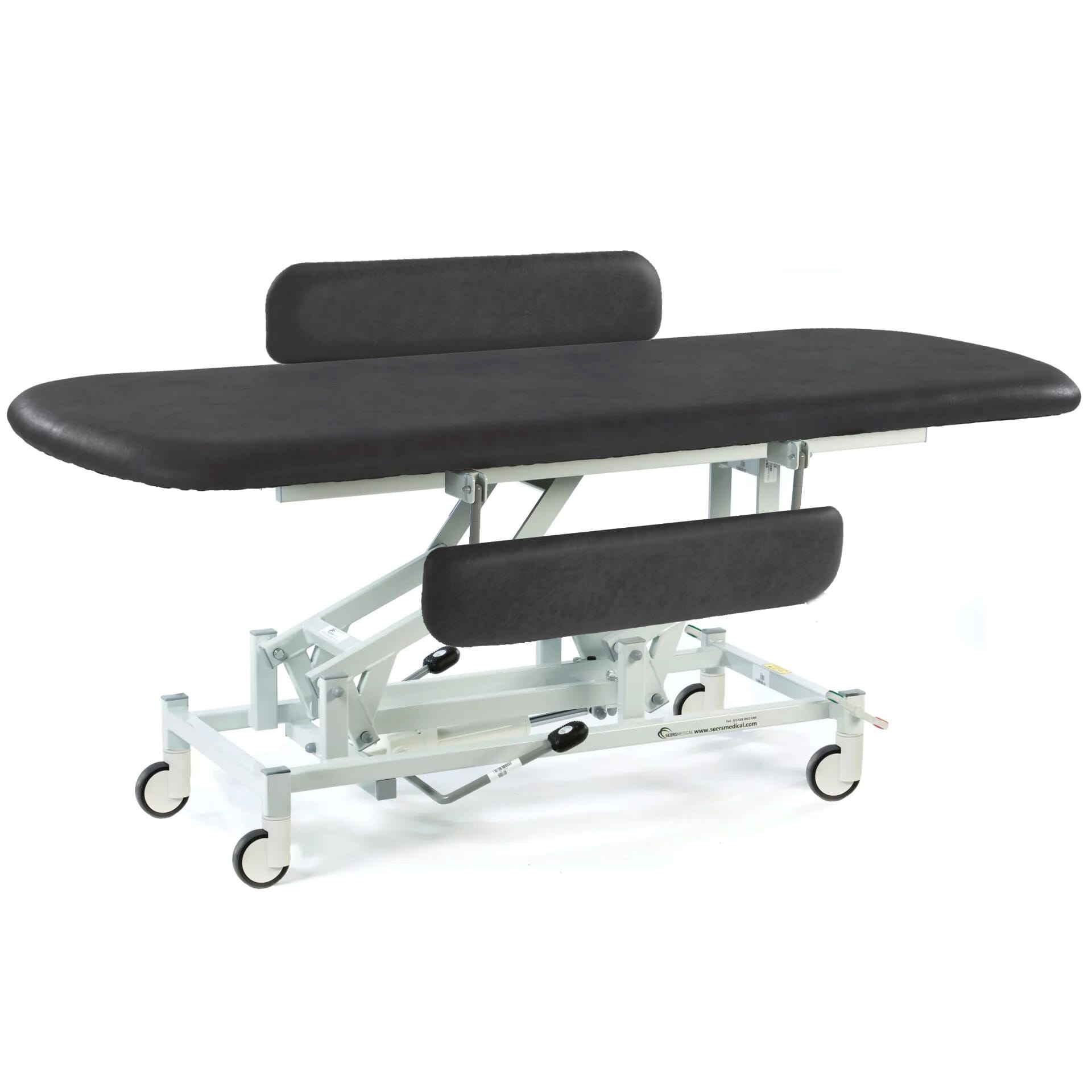 long hydraulic therapy hygiene table with central locking wheels and padded side rails black