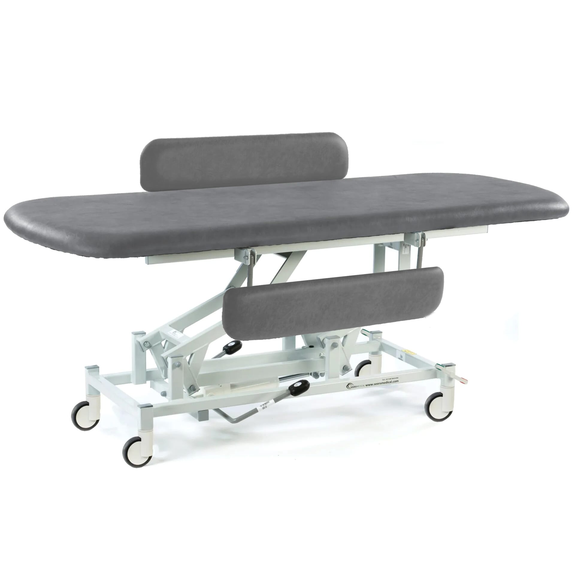 long hydraulic therapy hygiene table with central locking wheels and padded side rails dark grey