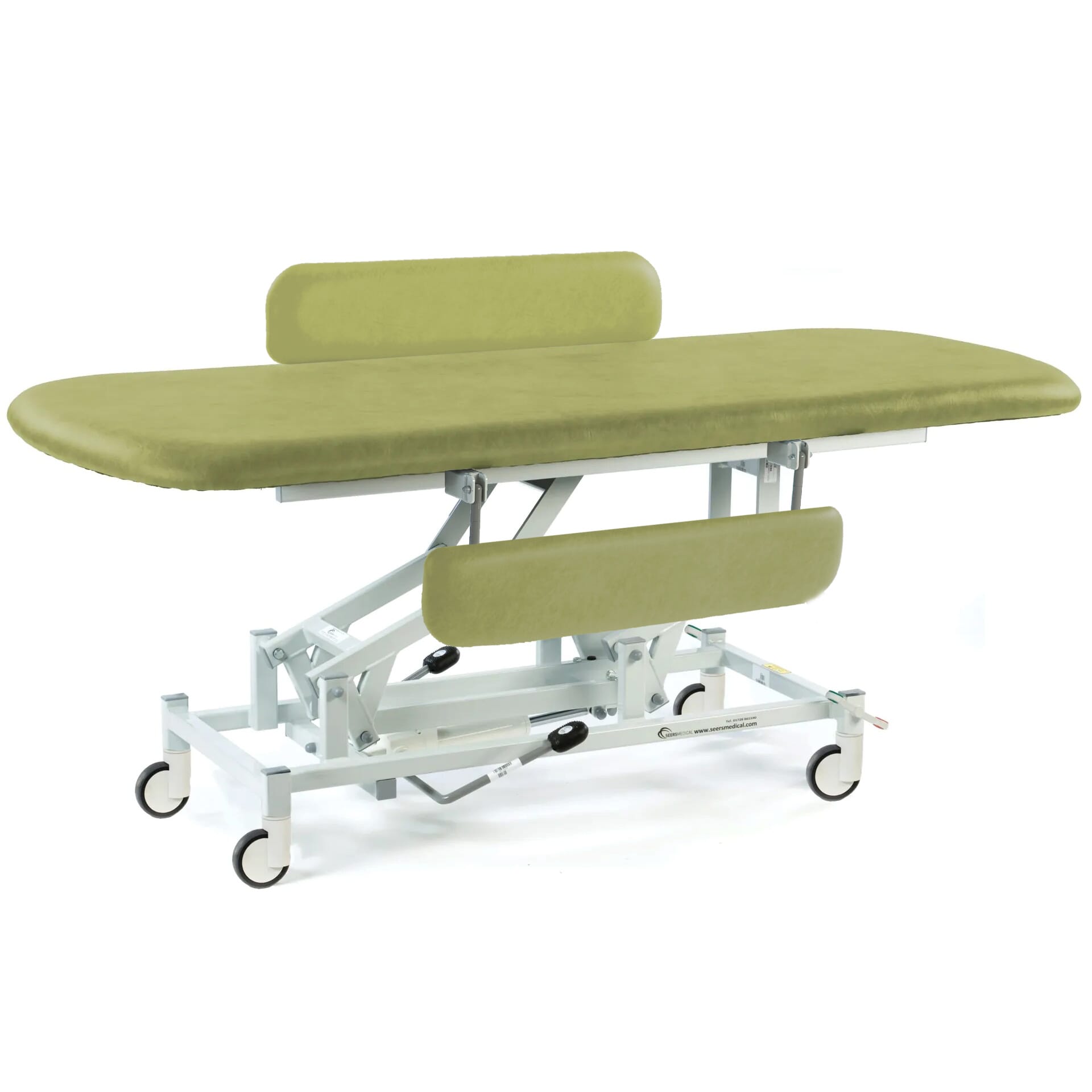 long hydraulic therapy hygiene table with central locking wheels and padded side rails olive