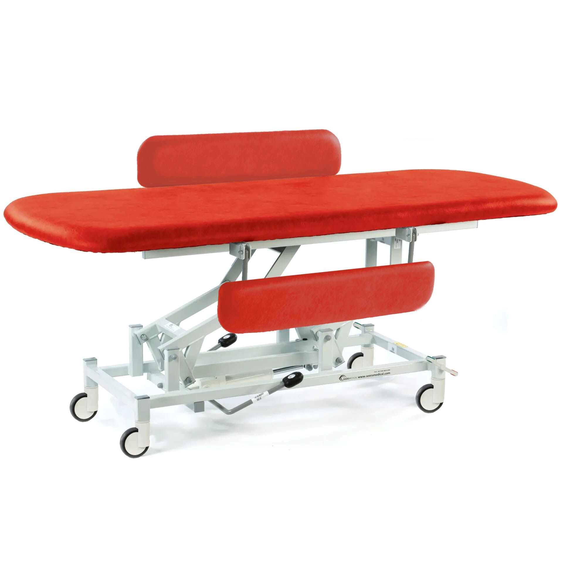 long hydraulic therapy hygiene table with central locking wheels and padded side rails red