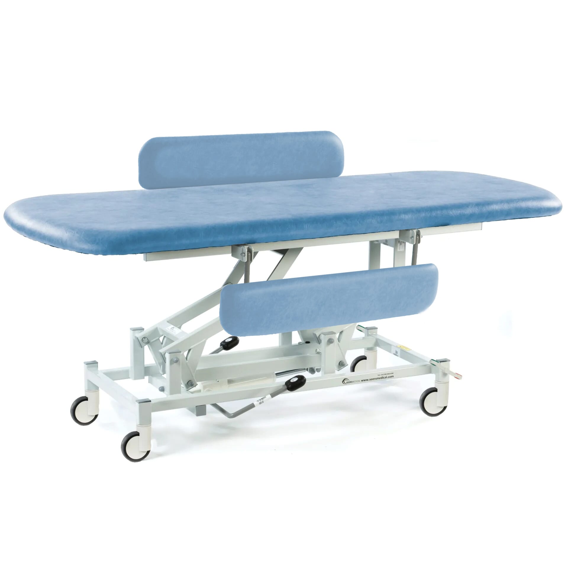 long hydraulic therapy hygiene table with central locking wheels and padded side rails sky blue