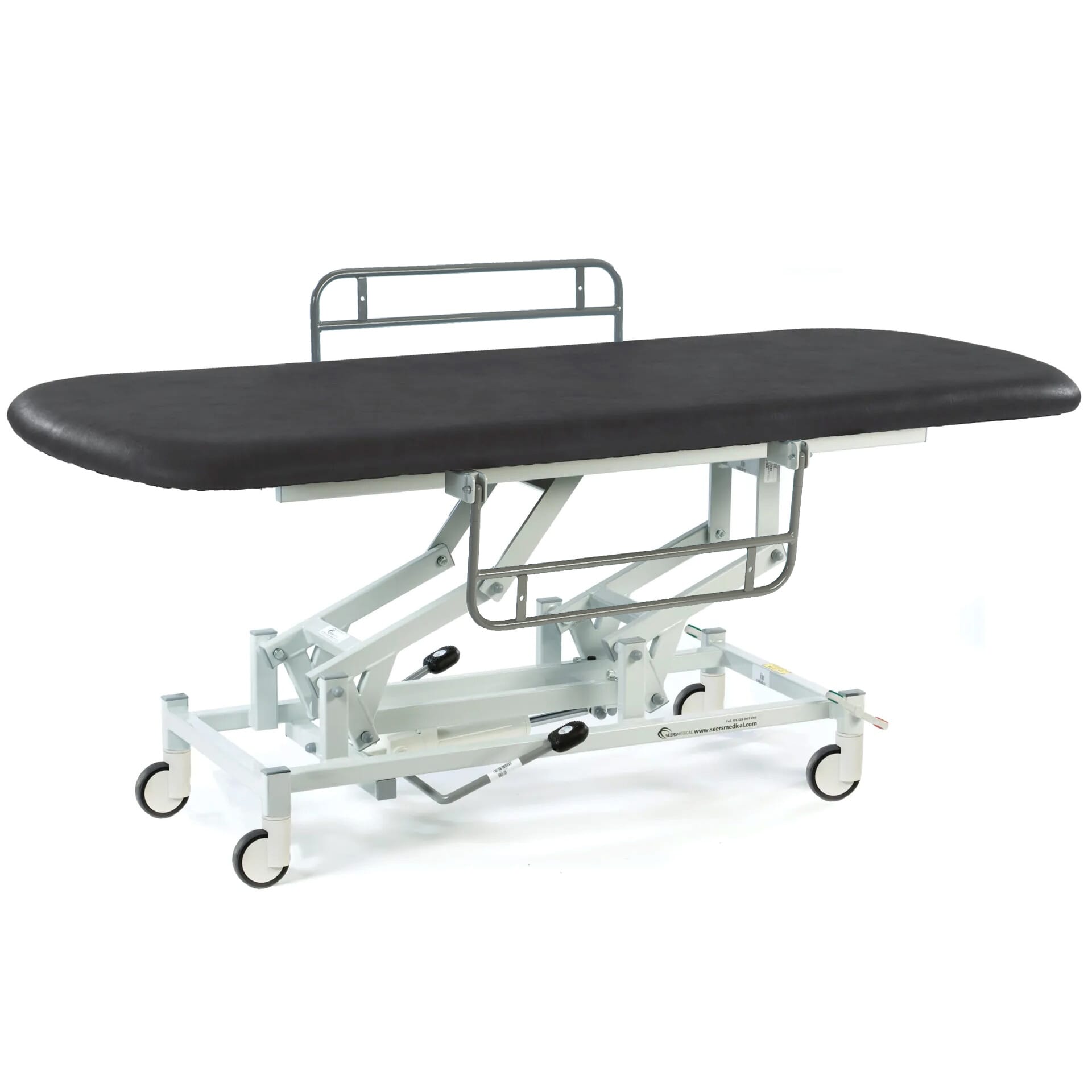 long hydraulic therapy hygiene table with central locking wheels and side rails black