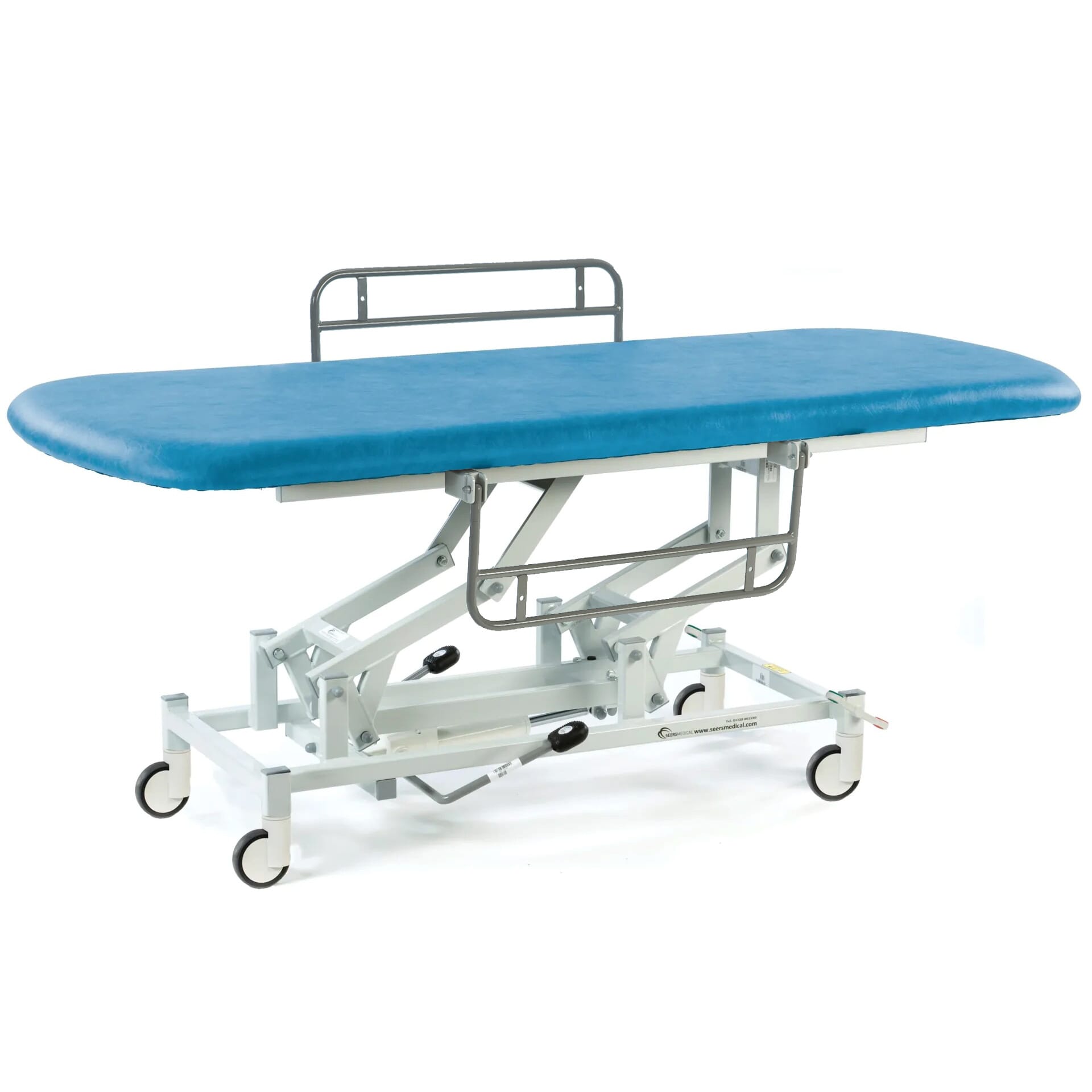long hydraulic therapy hygiene table with central locking wheels and side rails canard