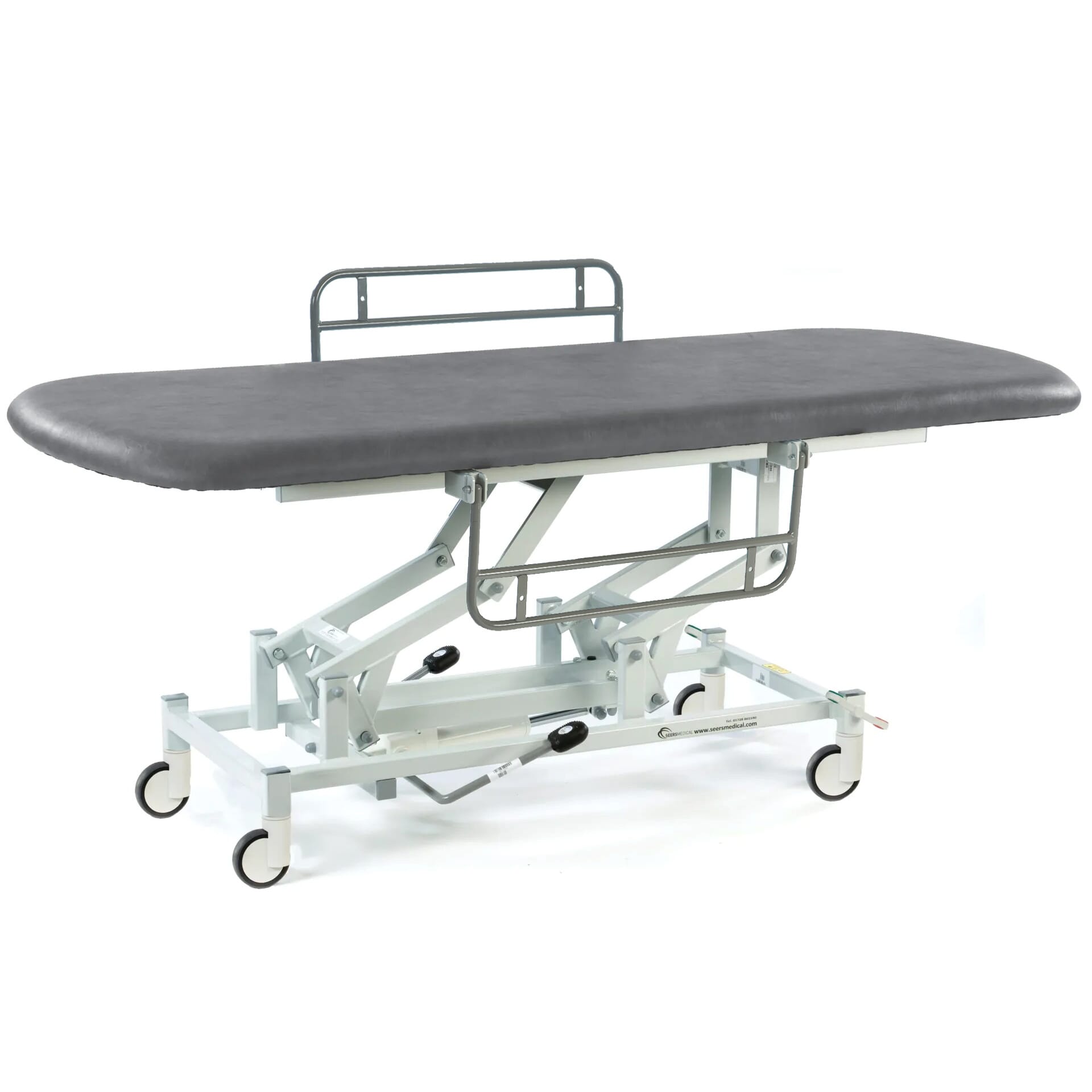 long hydraulic therapy hygiene table with central locking wheels and side rails dark grey