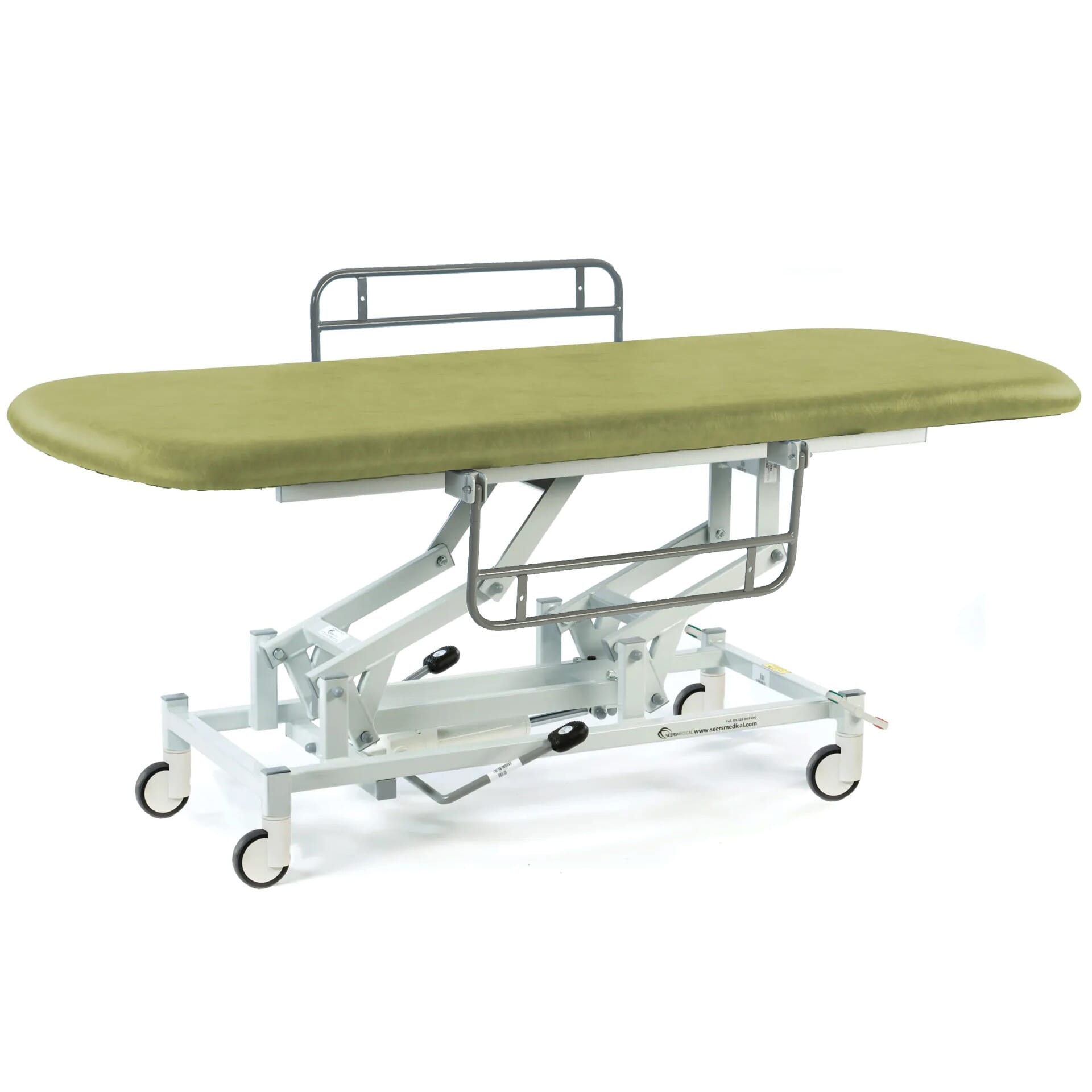 long hydraulic therapy hygiene table with central locking wheels and side rails olive