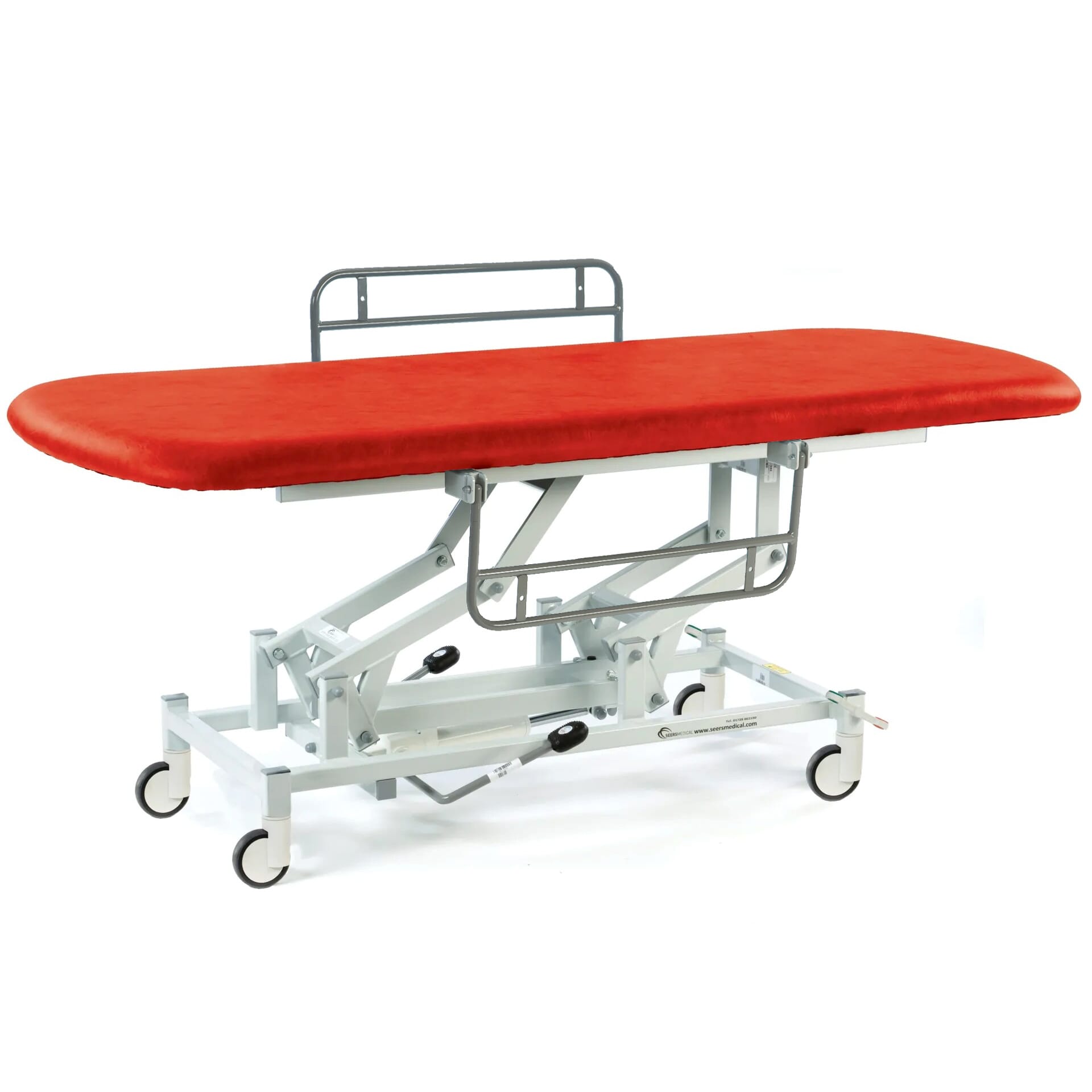 long hydraulic therapy hygiene table with central locking wheels and side rails red