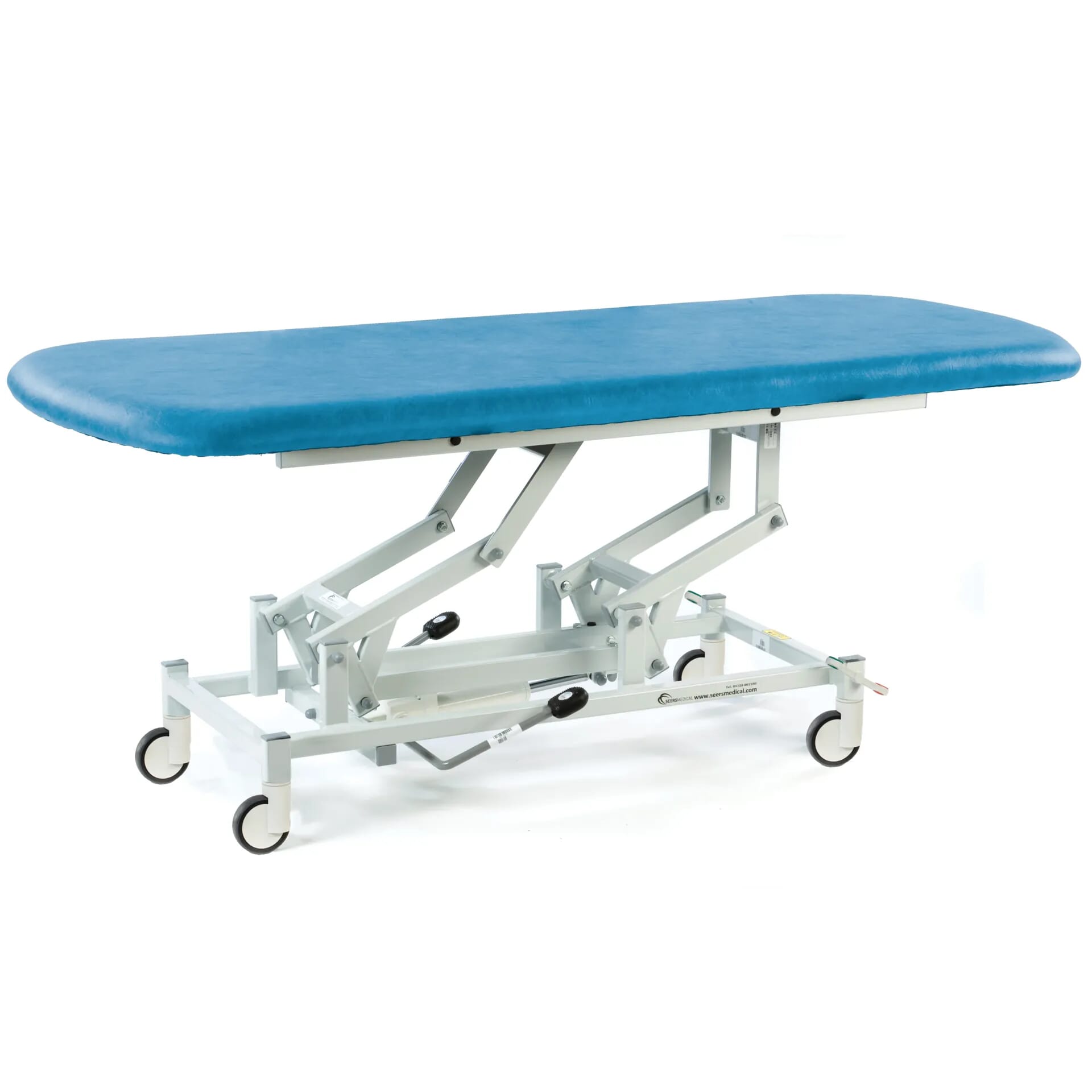 long hydraulic therapy hygiene table with central locking wheels canard