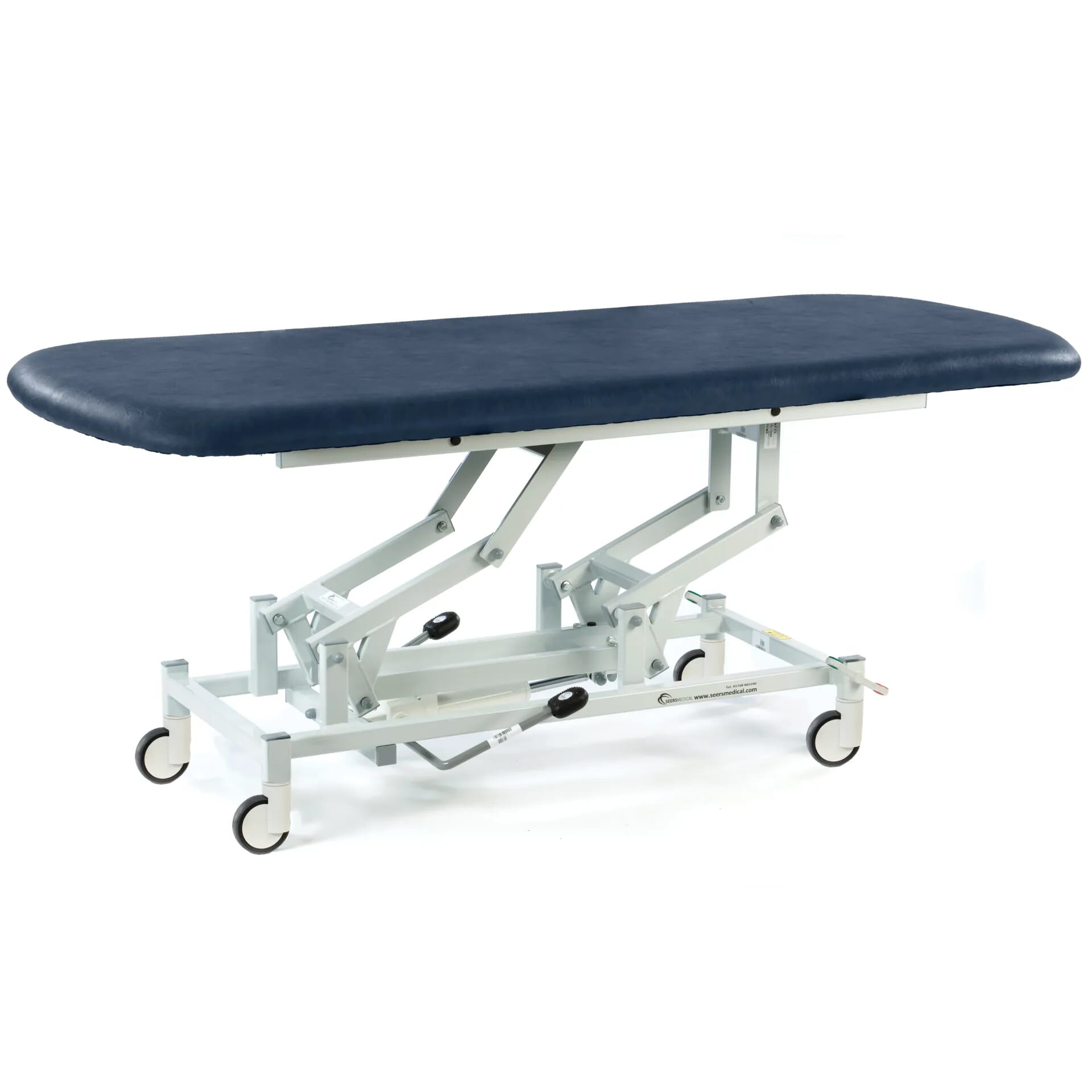 long hydraulic therapy hygiene table with central locking wheels dark blue