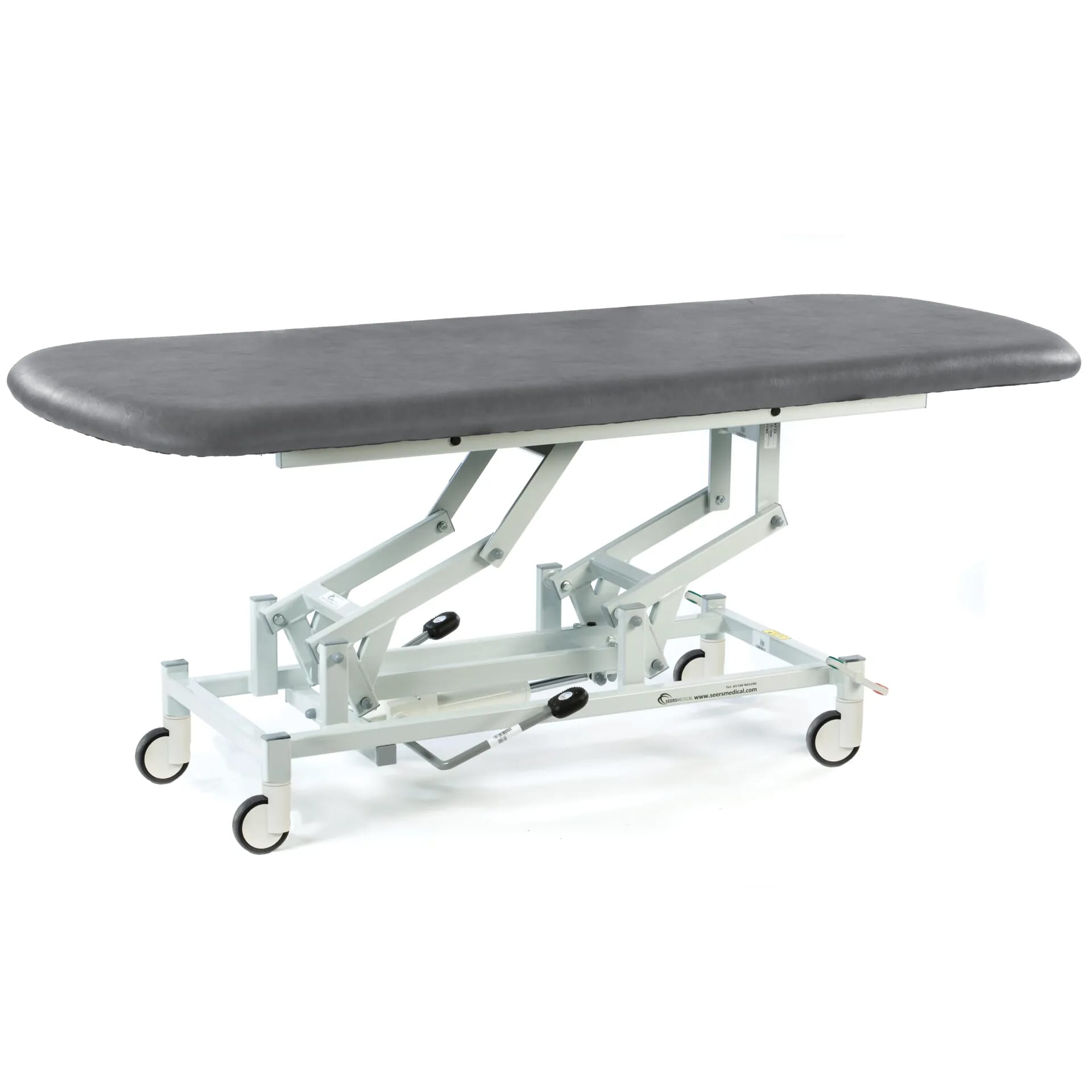 long hydraulic therapy hygiene table with central locking wheels dark grey