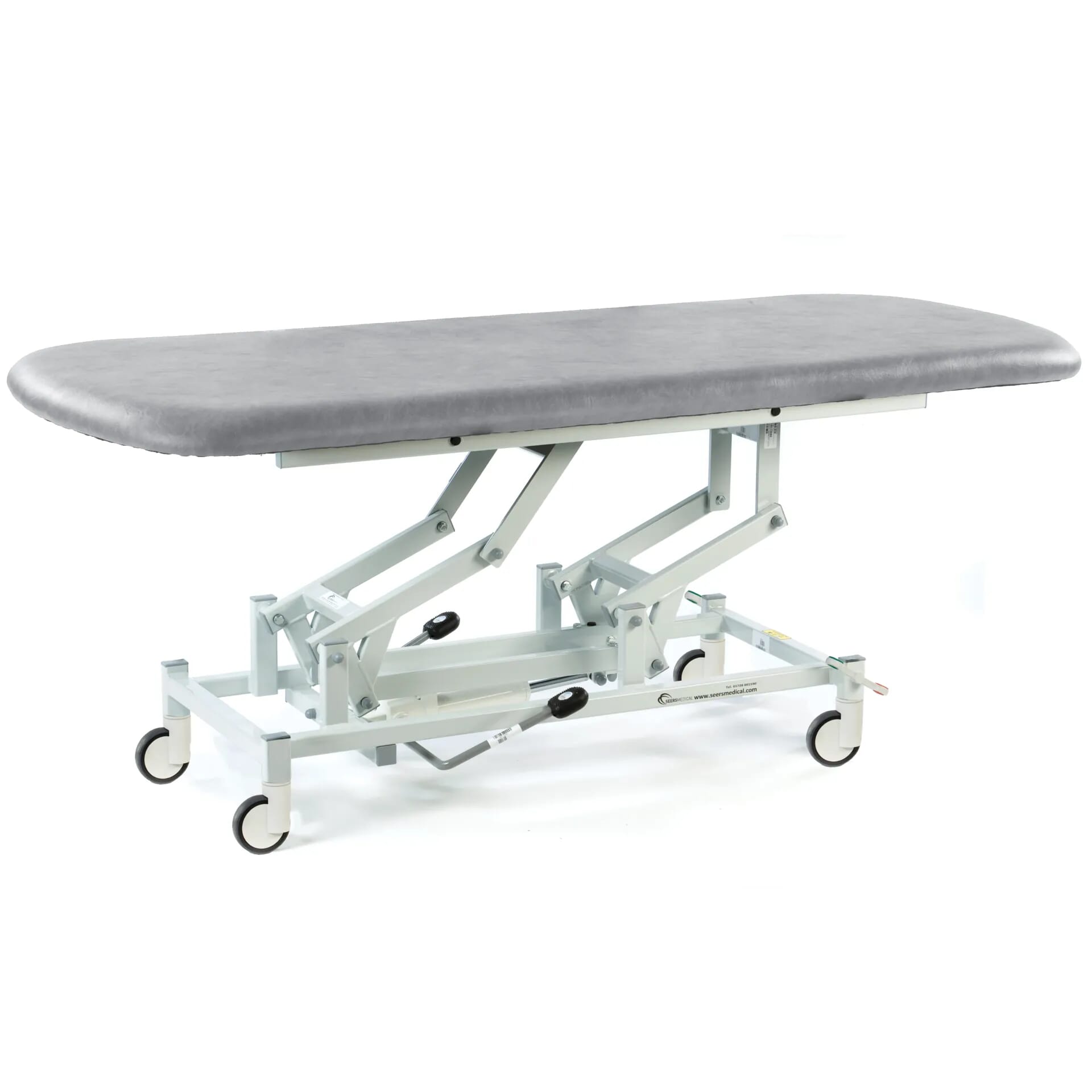 long hydraulic therapy hygiene table with central locking wheels light grey
