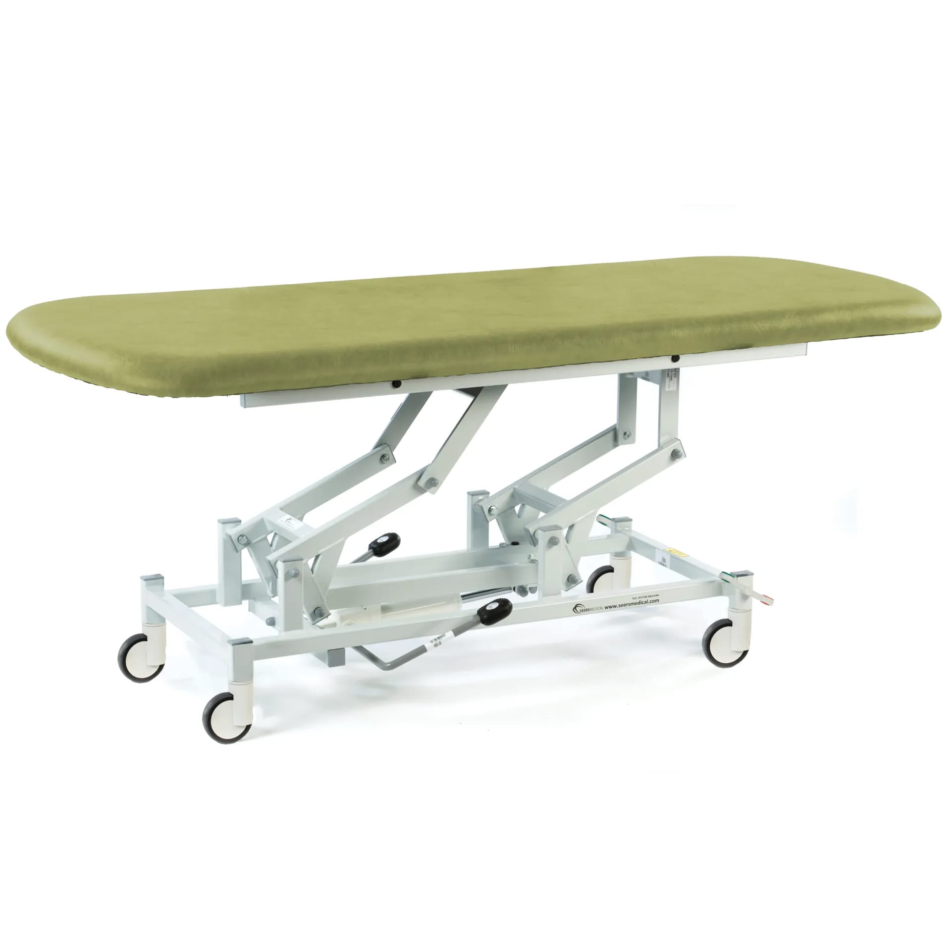 long hydraulic therapy hygiene table with central locking wheels olive