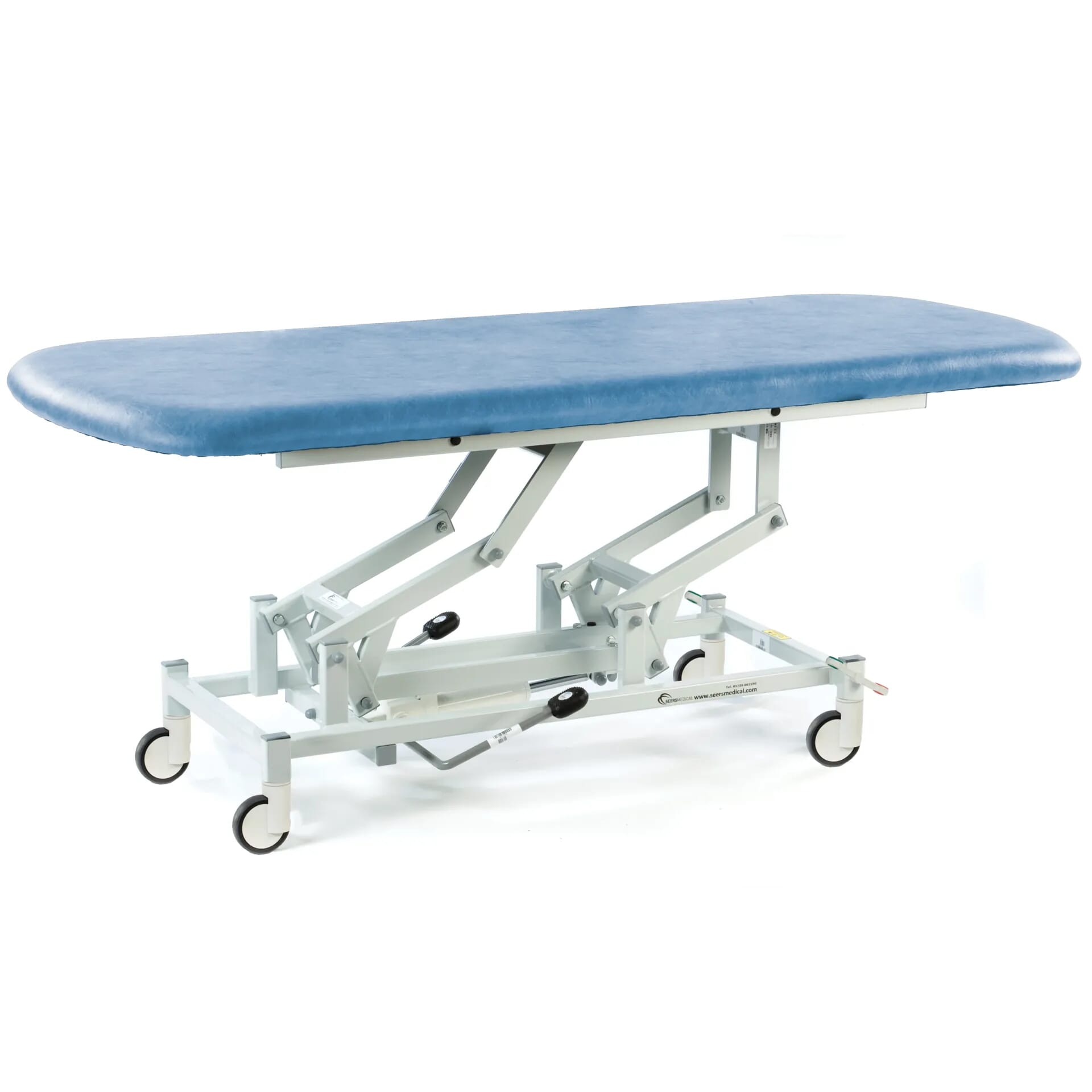 long hydraulic therapy hygiene table with central locking wheels sky blue