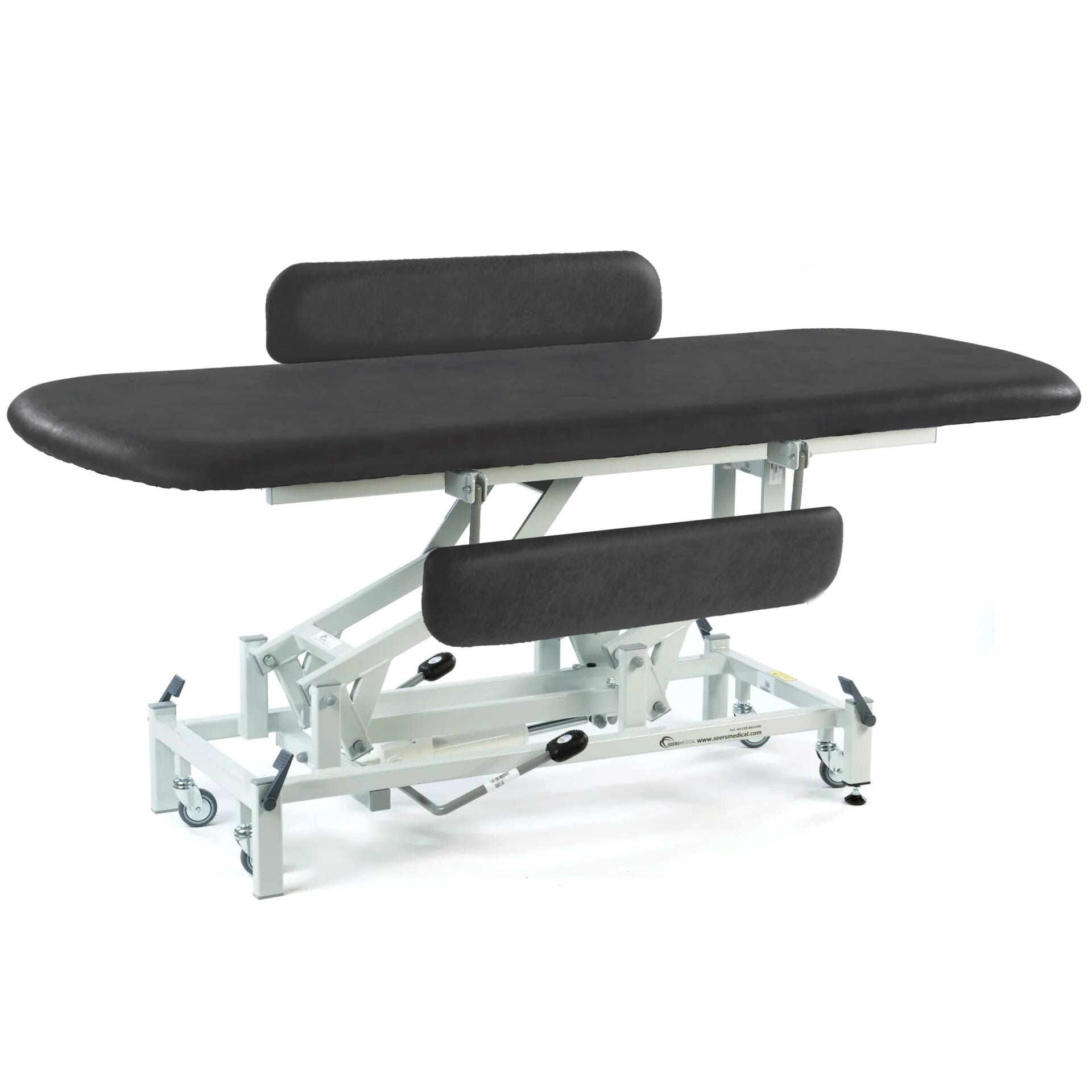 long hydraulic therapy hygiene table with retractable wheels and padded side rails black