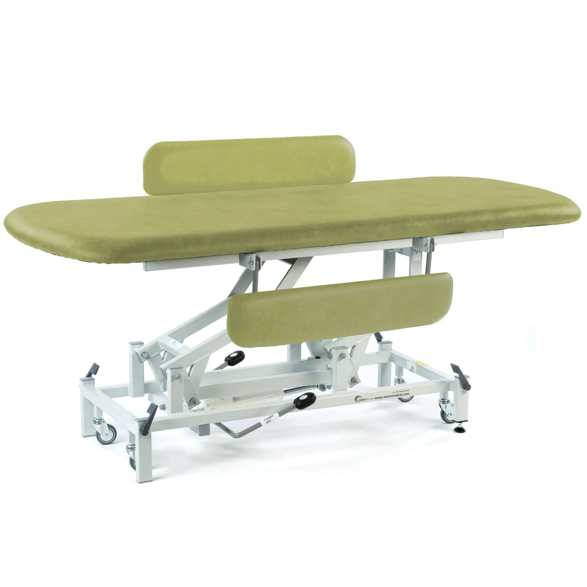 long hydraulic therapy hygiene table with retractable wheels and padded side rails olive
