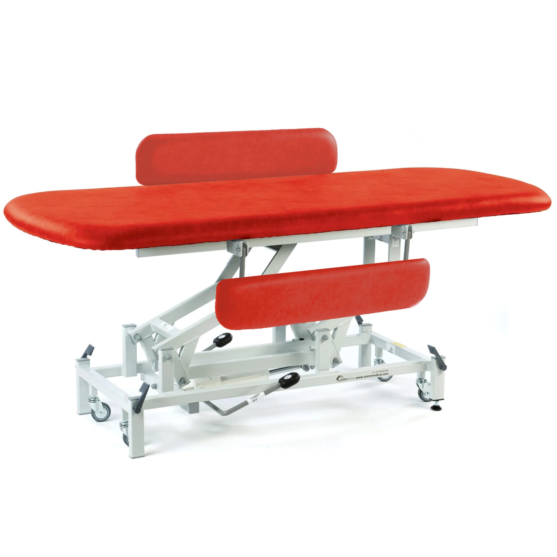 long hydraulic therapy hygiene table with retractable wheels and padded side rails red